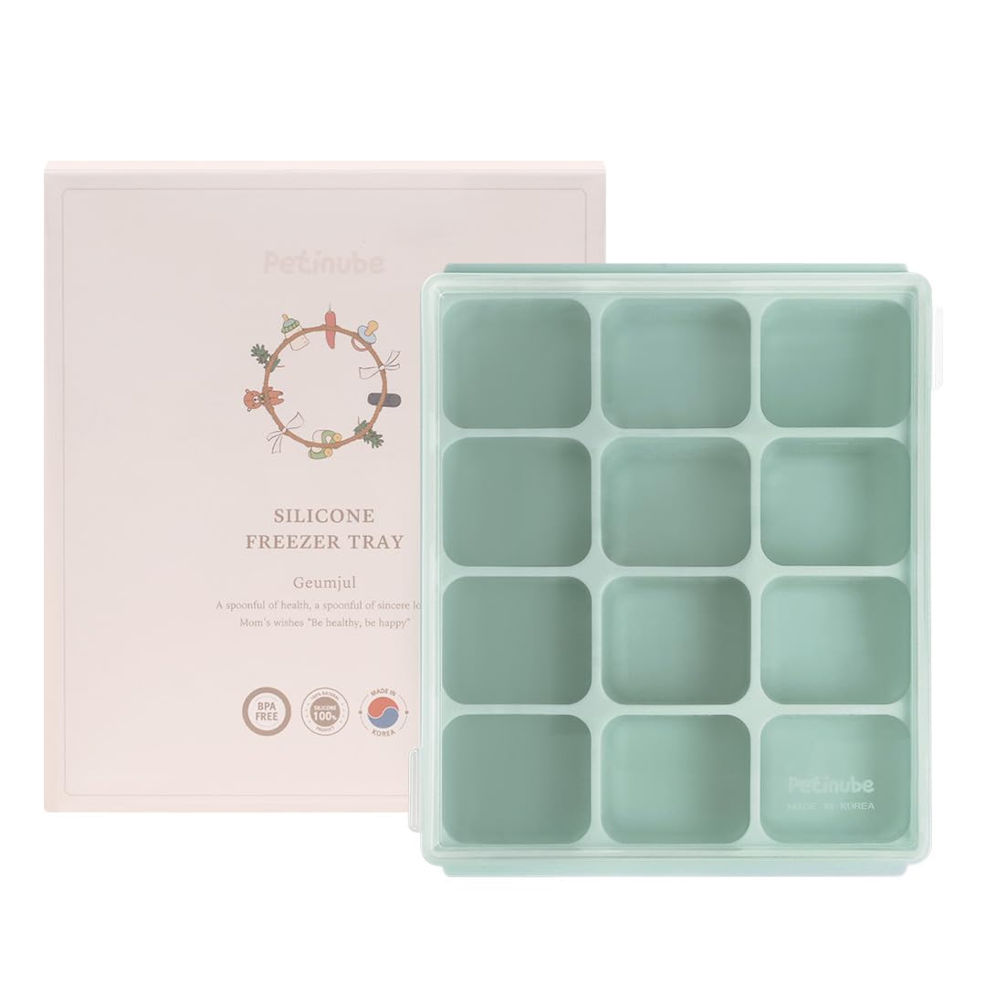 PETINUBE Baby Food Storage Silicone Cubes with Clip-On Lid Freezer Tray Baby Food Soups Purees Ice Safe Design Made in Korea(12cubes 1.5oz, Ocean Blue Set of 2)
