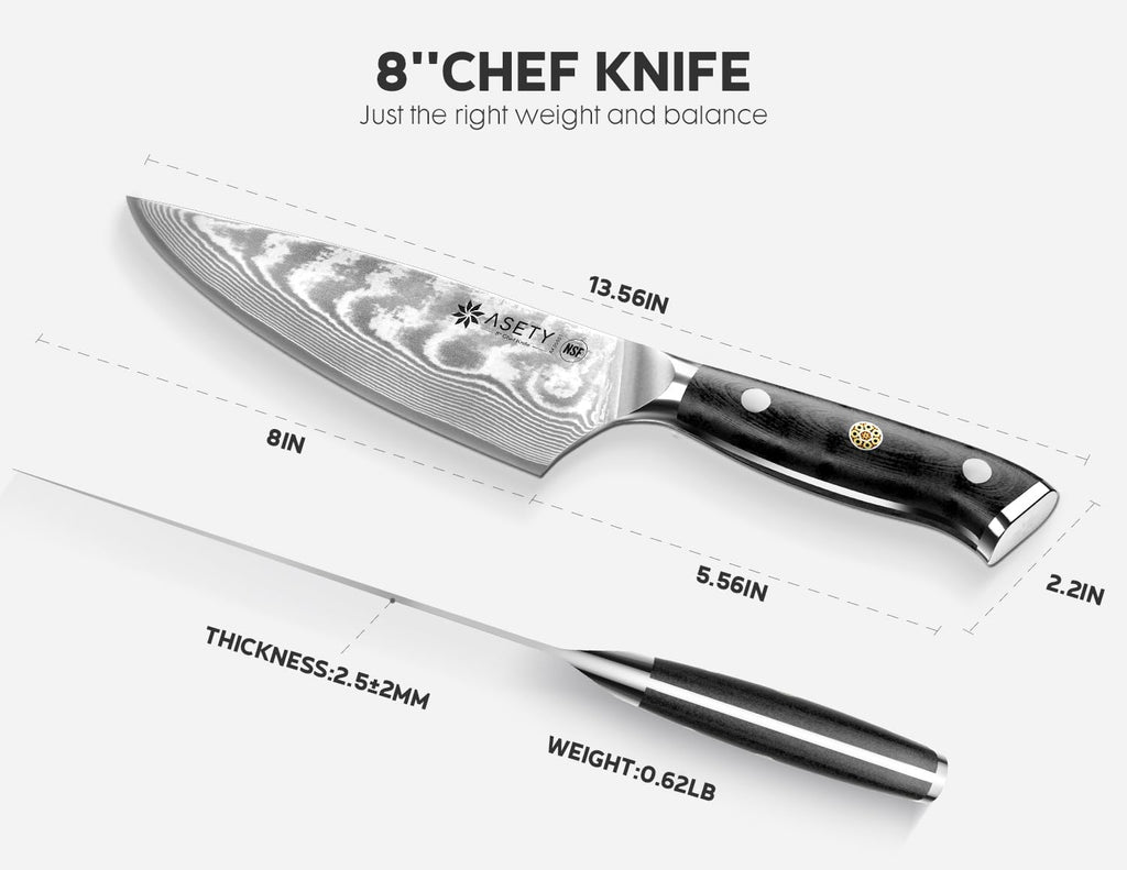 ASETY Damascus Chef Knife 8 inch, Japanese Knife with VG10 Steel Core