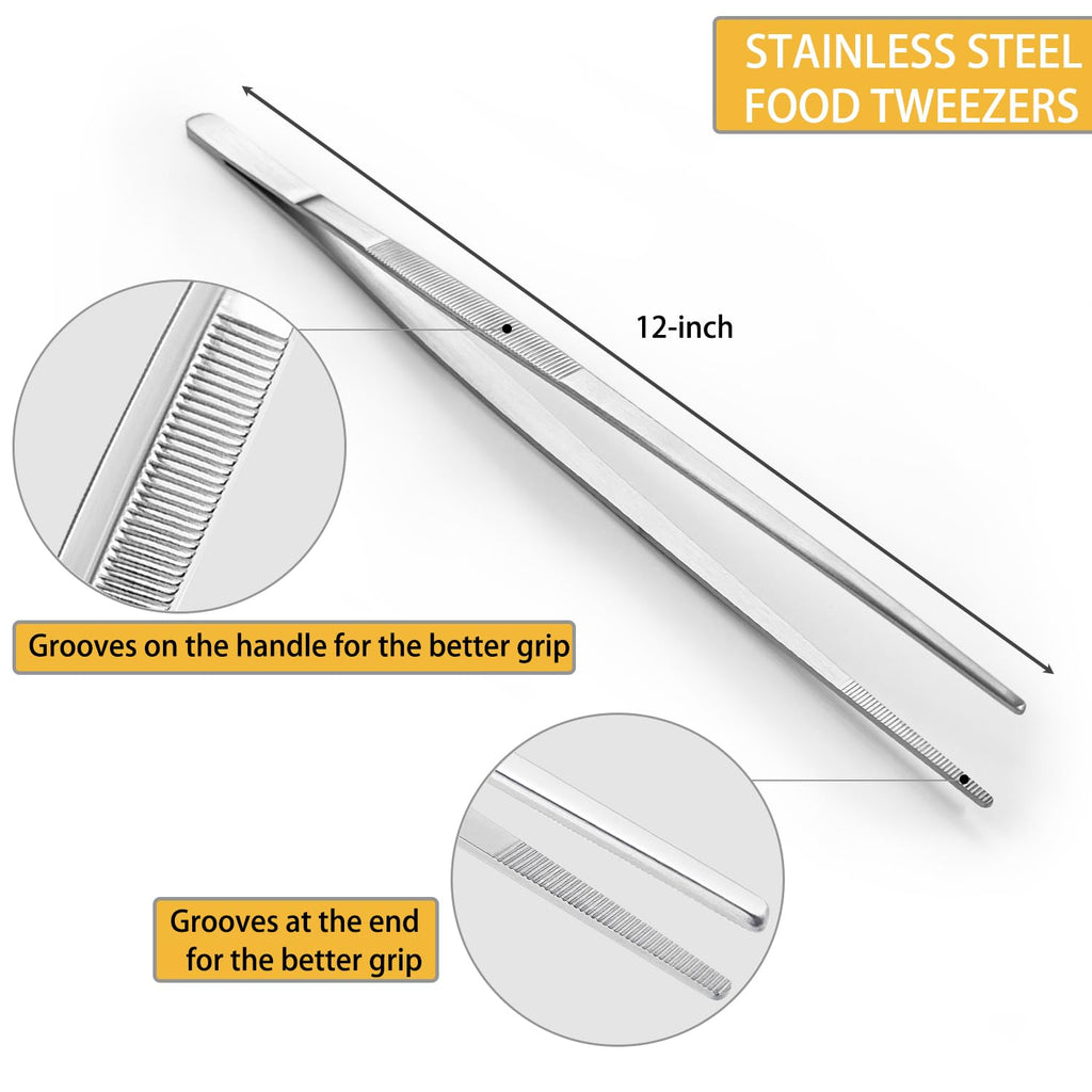 JETKONG 12 Inch Kitchen Tweezers Cooking Tweezer Tongs, Stainless Steel Food Tweezers Multi-function Precision Serrated Tips Kitchen Serving Tong