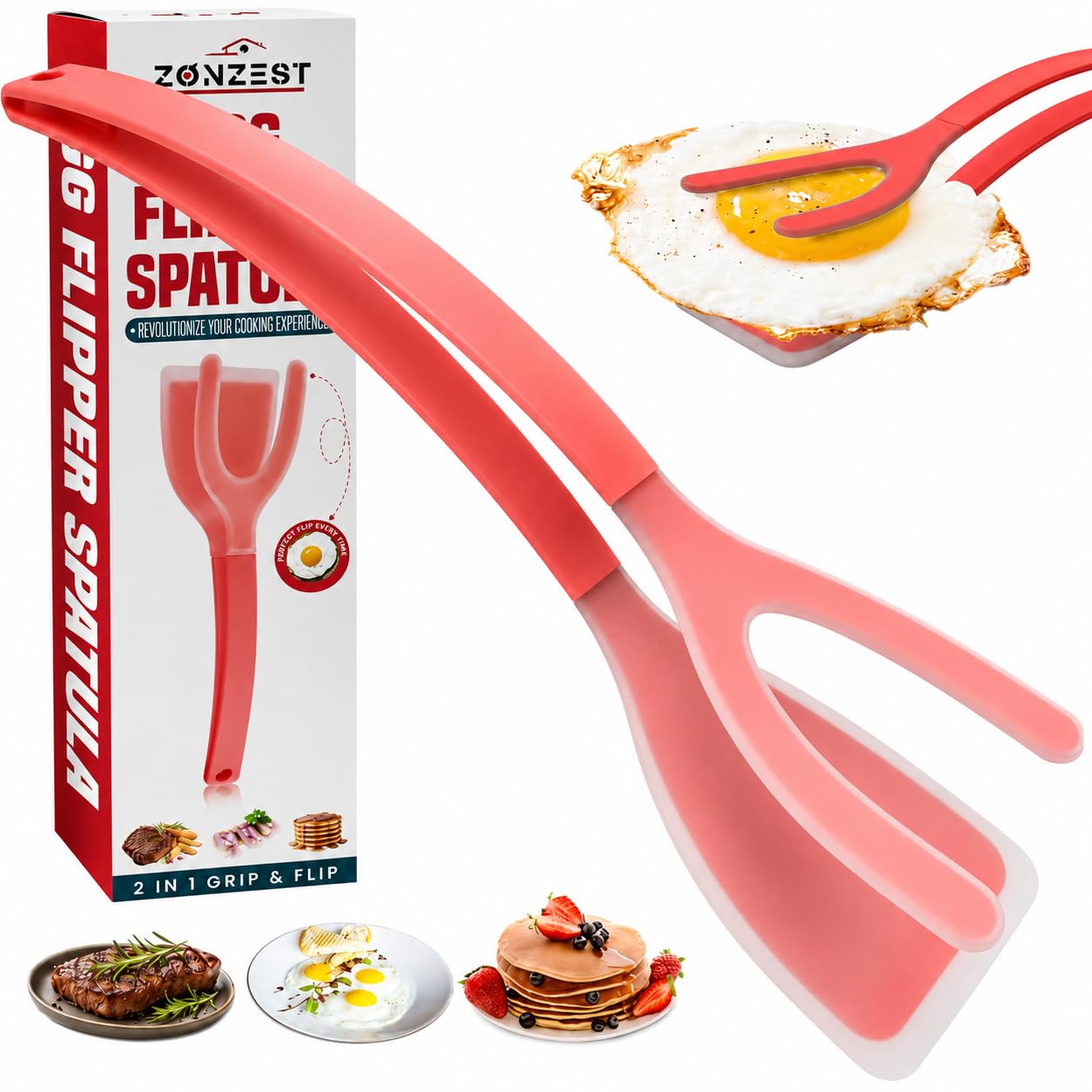ZONZEST Silicone Egg Flipper Spatula Tongs (Set of 1) – Non-Stick 2-in-1 Grip & Flip Kitchen Tongs for Pancakes, Fish, Eggs, and More – Heat Resistant Cooking Tool (Red)