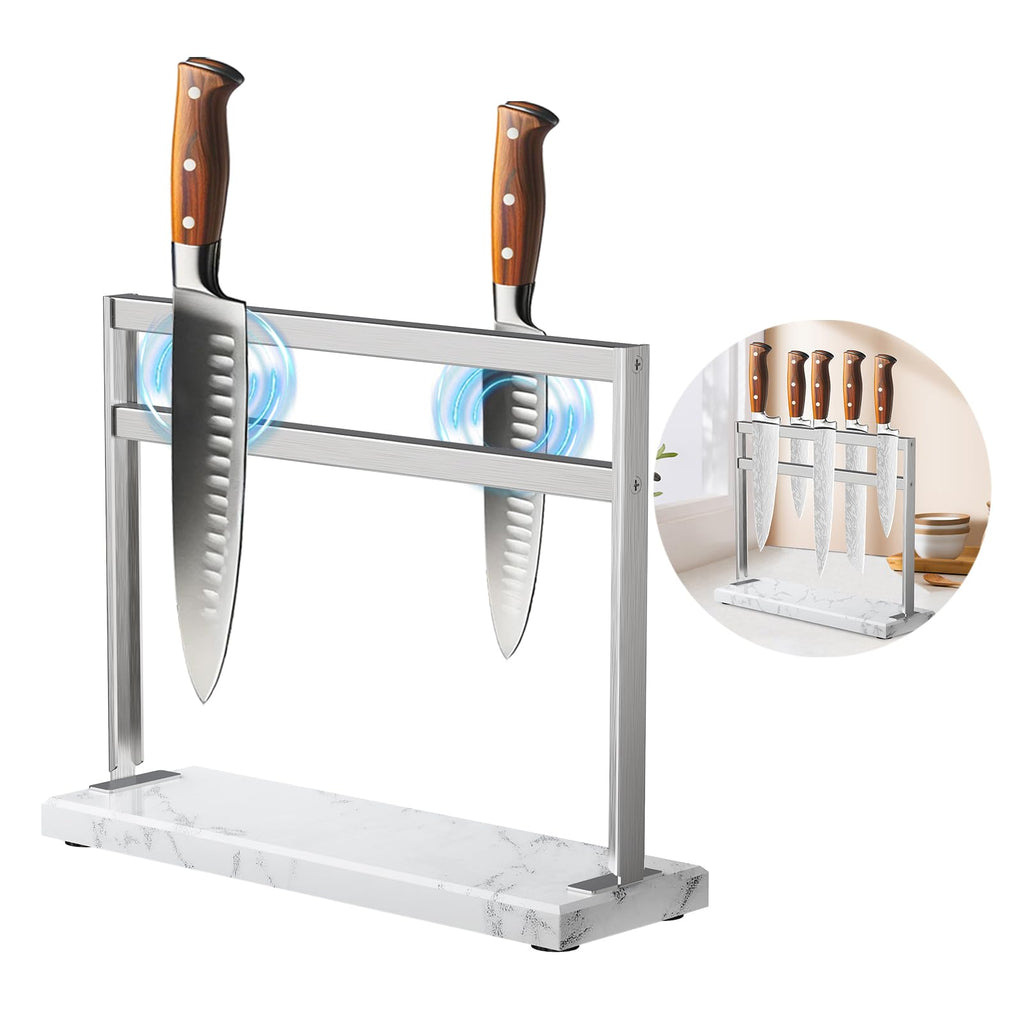 HomeSimplex Magnetic Knife Block Stand - Marble Base Magnetic Knife Holder for Counter Top - Double Sided Knife Block without Knives - Stainless Steel Magnetic Kitchen knife holder - White
