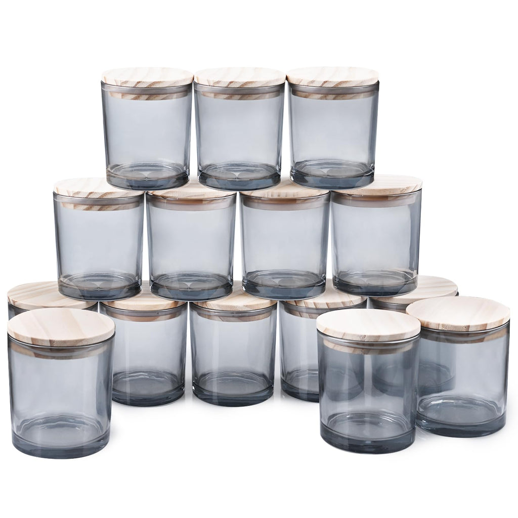 SHOWIN 10 OZ Thick Candle Jars for Making Candles 15 Pcs, Empty Jars with Wood Lids for Candle Making, Sample Container, Frosted Grey