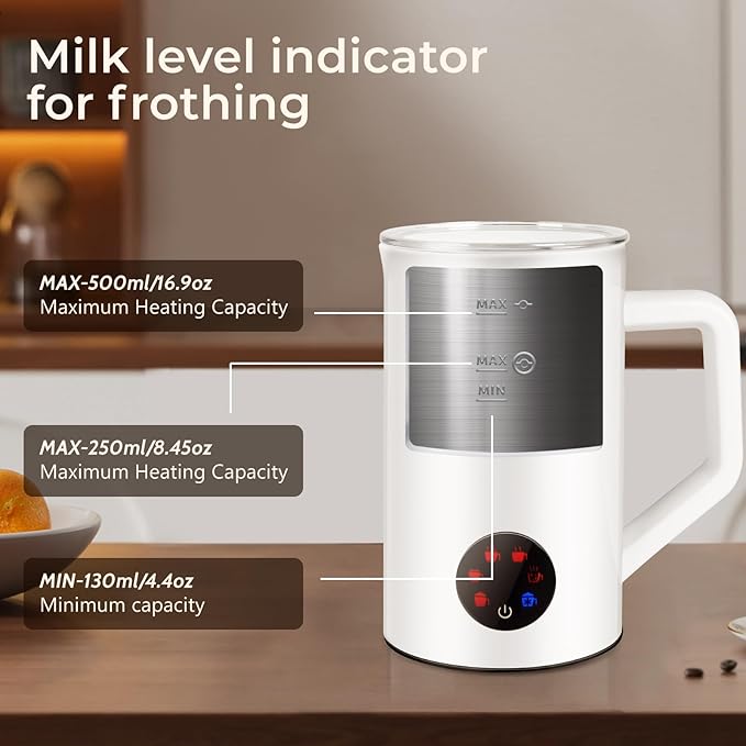 MAISON HUIS Milk Frother, 6-IN-1 Electric Milk Steamer, 20oz/591ml Hot & Cold Foam Maker for Latte & Cappuccino, 550W Fast Heating Stainless Steel Milk Steamer, Hot Chocolate Maker