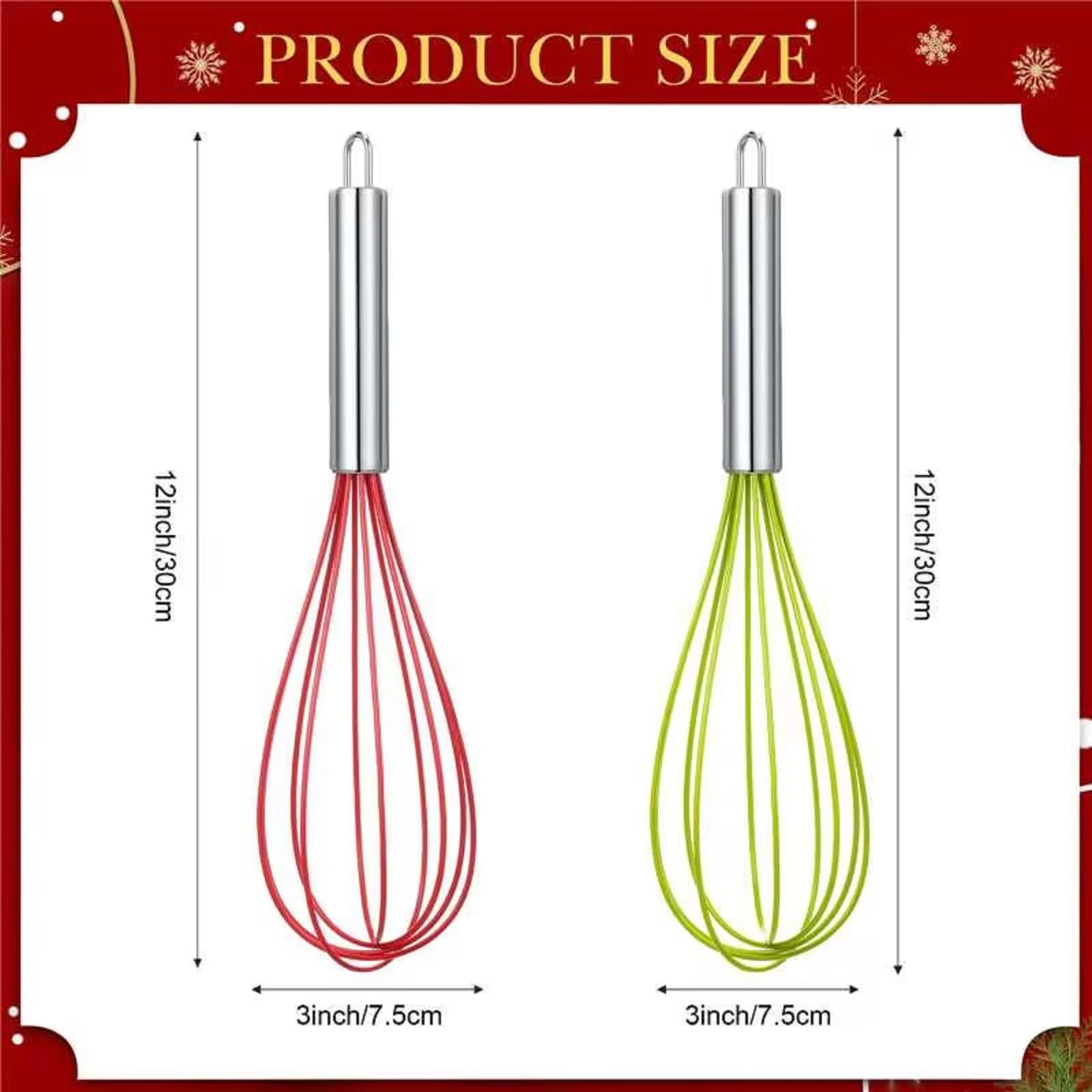FoldTier 12 Sets 10 Inch Christmas Whisks Gifts DIY Fillable Christmas Tree Ornaments Xmas Colored Silicone Whisks for Cooking Heat Resistant Egg Beaters with Card Rope Bag for Candy Holder