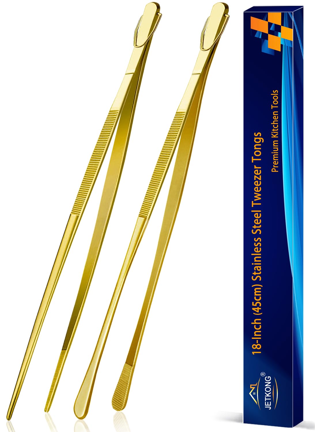 JETKONG 2 Pcs 12-Inch Cooking Tweezer Tongs Stainless Steel Kitchen Tweezers Plating Tongs (Navy Blue)