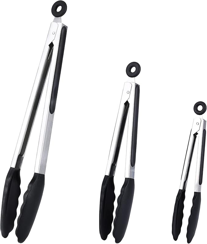 Kitchen Tongs Set of 3, Black Cooking Tongs with Silicone Tips, Non-Stick Non-Scratch Heat Resistant Tongs for Grilling Cooking BBQ Buffet Salad (Black, 7/9/12 Inch)