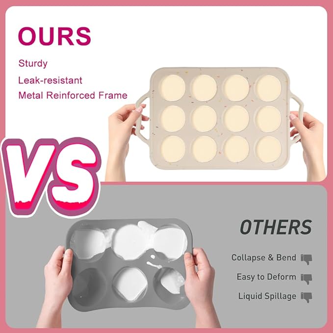 Velicber 2 Pack Silicone Muffin Pan with Metal Reinforced Frame, 12 Cups Regular Size Silicone Cupcake Pan, Nonstick silicone Cupcake Molds for baking Homemade Muffins, Cupcakes, Egg Bites