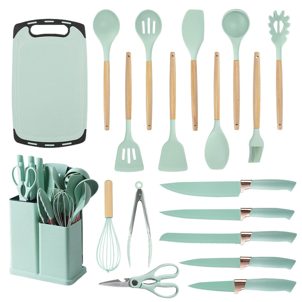 Cooking Utensils Set,19 Kitchen Set Utensils Set with 11 Pieces Spatula Cooking Utensils,Heat Resistant Silicone Utensils 6 Piece Sharp Knife Set 2 Pieces Utensil Cutting Board (Black 19 PCS Set)