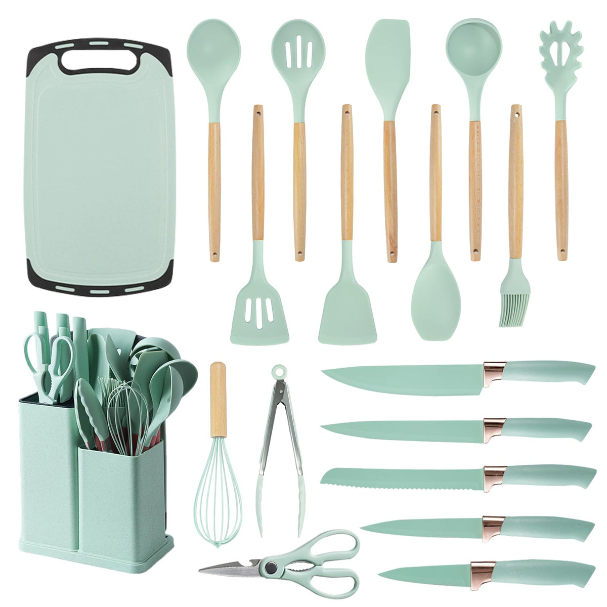 Cooking Utensils Set,19 Kitchen Set Utensils Set with 11 Pieces Spatula Cooking Utensils,Heat Resistant Silicone Utensils 6 Piece Sharp Knife Set 2 Pieces Utensil Cutting Board (Black 19 PCS Set)