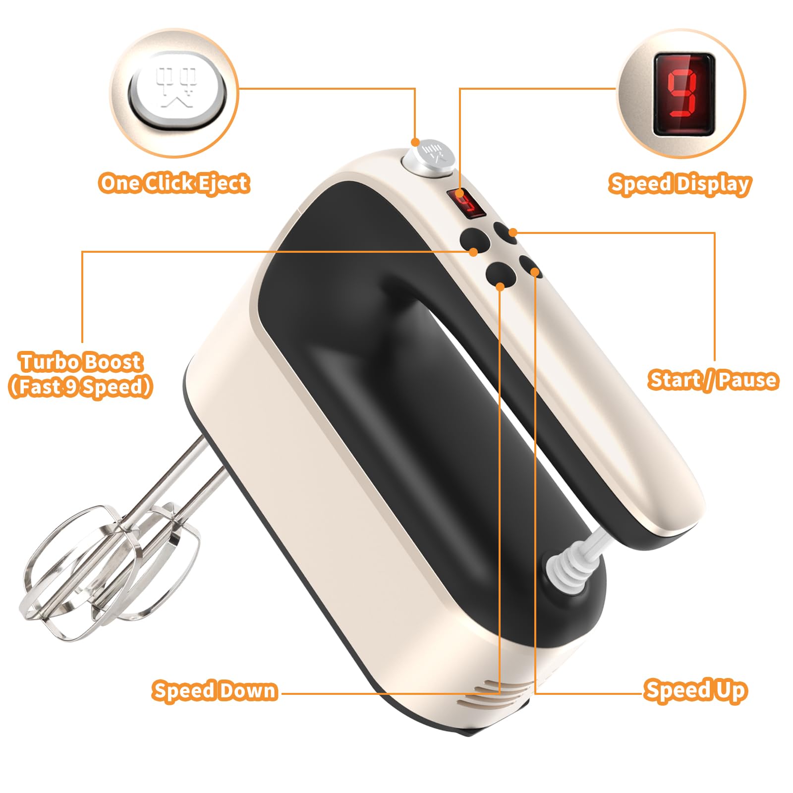 Yomelo 9-Speed Digital Hand Mixer Electric, 400W Powerful DC Motor, Hand Mixer Electric Handheld with Snap-On Storage Case, 5 Stainless Steel Accessories, Beaters, Dough Hooks, Whisk(Champagne Gold)