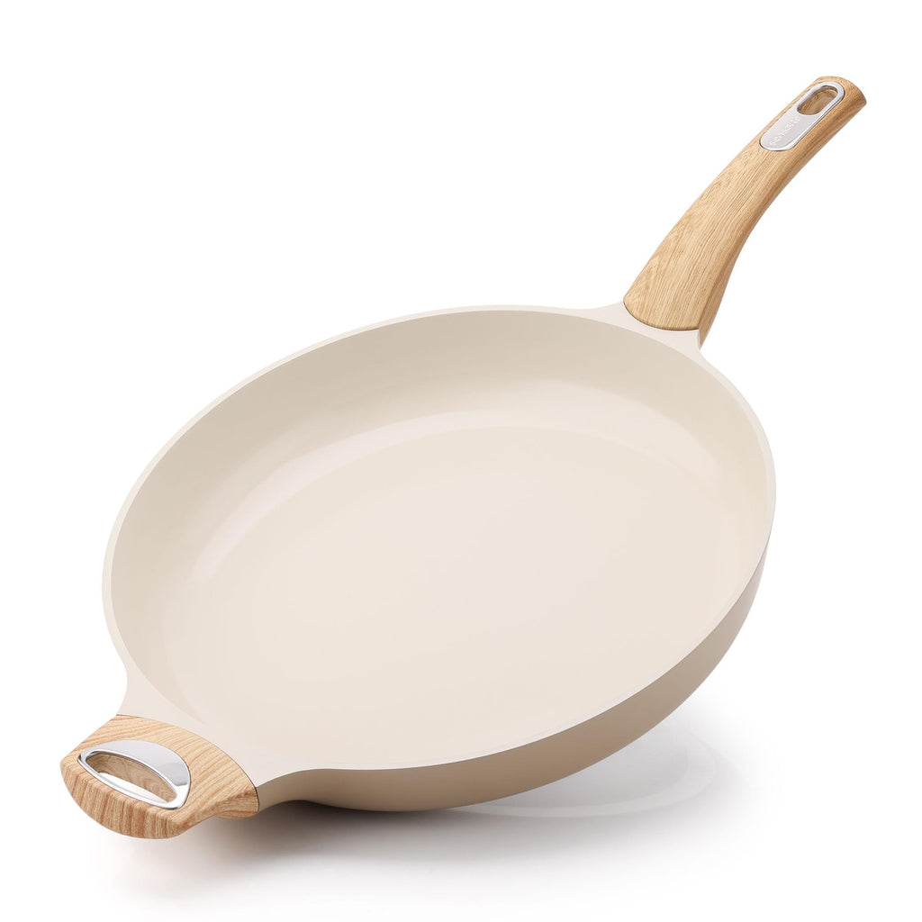 SENSARTE 9.5inch Ceramic Nonstick Frying Pan Paella Pan with Lid, Taupe