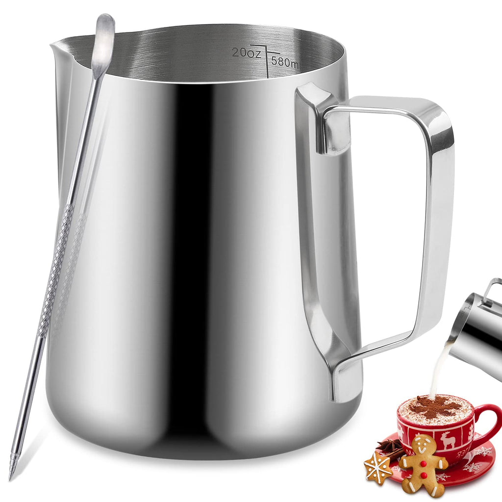 Milk Frothing Pitcher, 12OZ/350ML Stainless Steel Espresso Steaming Pitcher Coffee Milk Frother Cup with Decorating Art Pen for Espresso Machine, Milk Frother, Latte Art Black