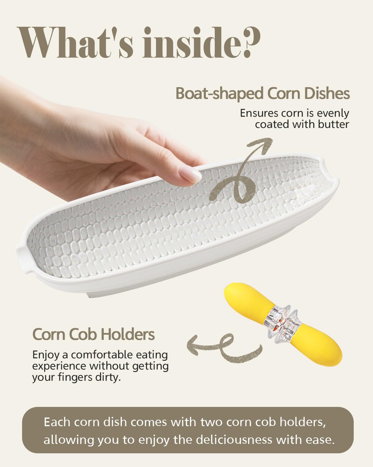 Ceramic Corn Cob Holders, 9" Corn on the Cob Dishes Set of 4, White Corn Cob Dishes with Non-Slip Bottom, With 8 Corn Cob Holders, Microwave Dishwasher Oven Safe