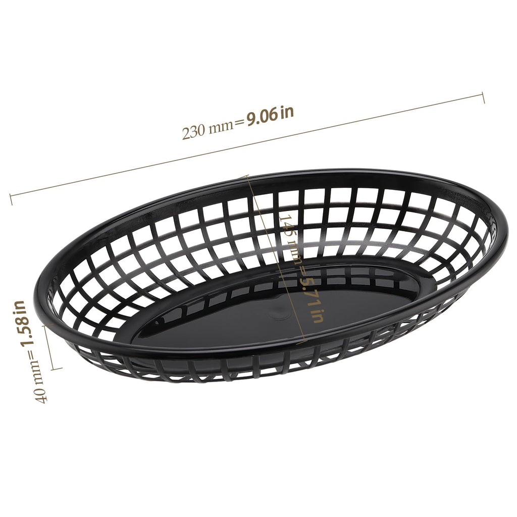 HEIHAK 60 Pack 9x5.7x1.6 Inch Black Plastic Fast Food Baskets, Restaurant Serving Basket, Oval Fast Food Serving Baskets for Picnic, Chicken, Burgers and Fries