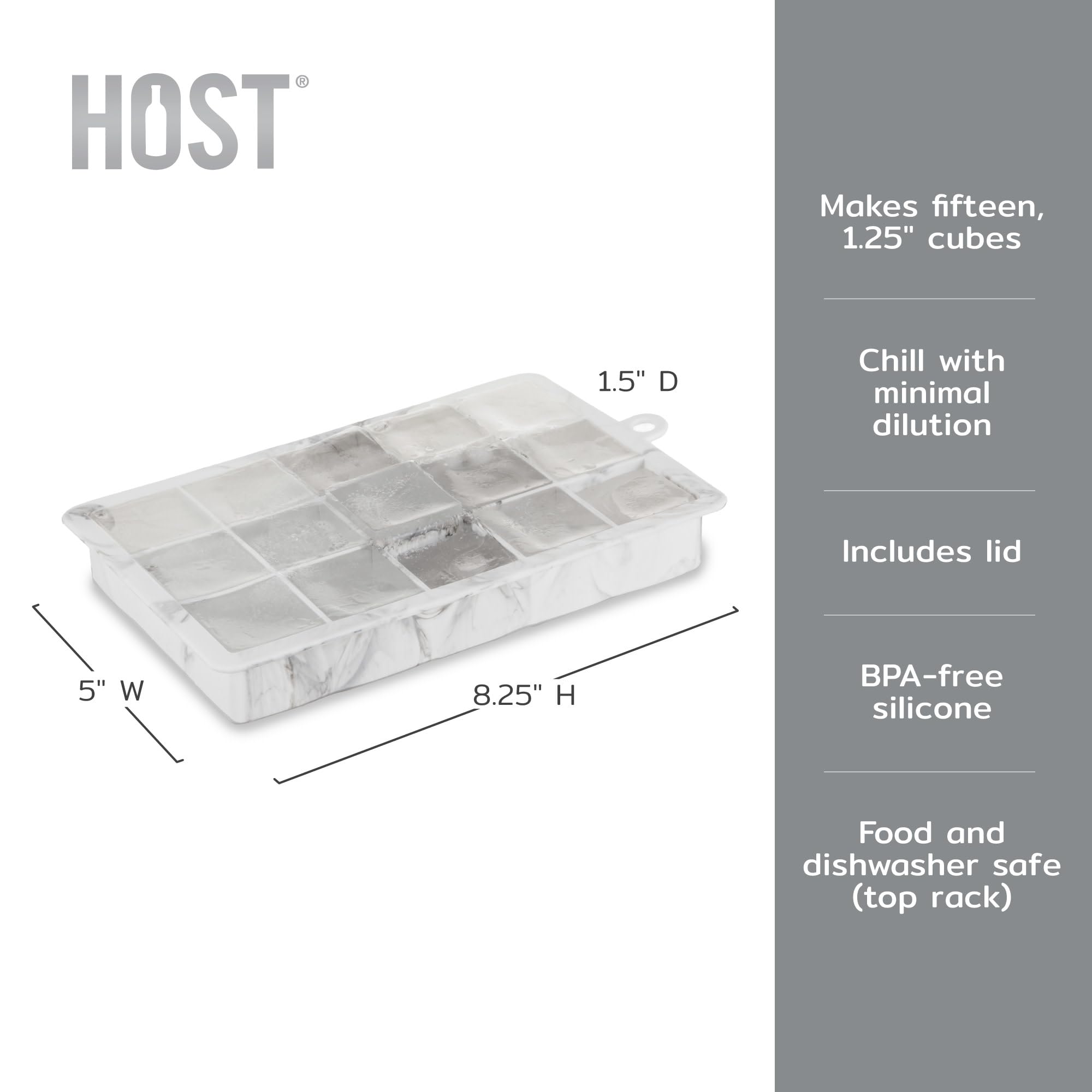 Host Ice Cube Tray with Lid, Makes 15 1.25" Cubes, Durable Silicone Trays, Perfect for Cocktails, Beverages, Mocktails, Iced Coffee, Tea, Infused Water, Kitchen Essentials, Set of 1, Marble