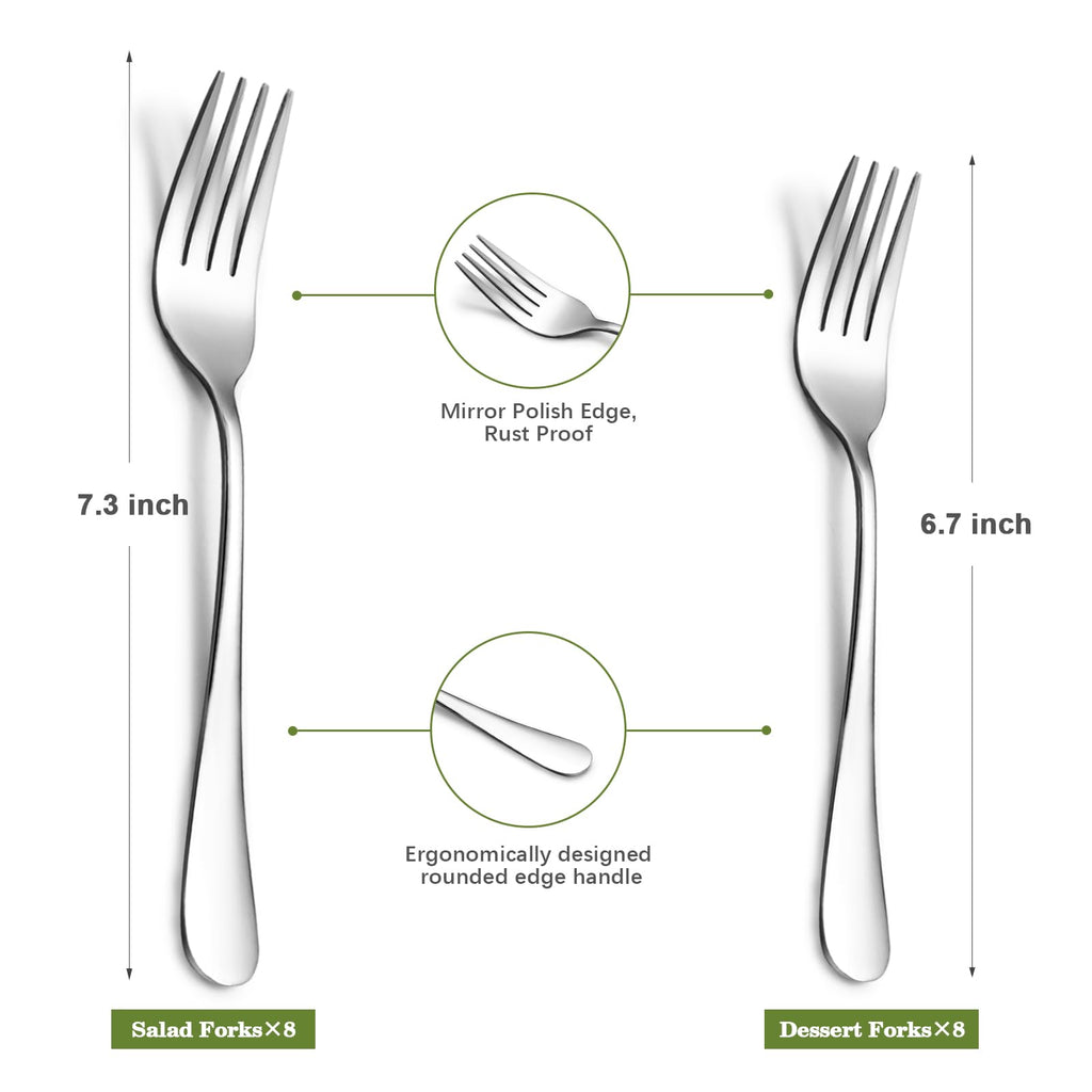 SANTUO Stainless Steel Forks Set, 6PCS 7.3" Salad Forks and 6PCS 6.7" Dessert Forks, Set of 12 Top Food Grade Silverware Forks, Mirror Polished & Dishwasher Safe
