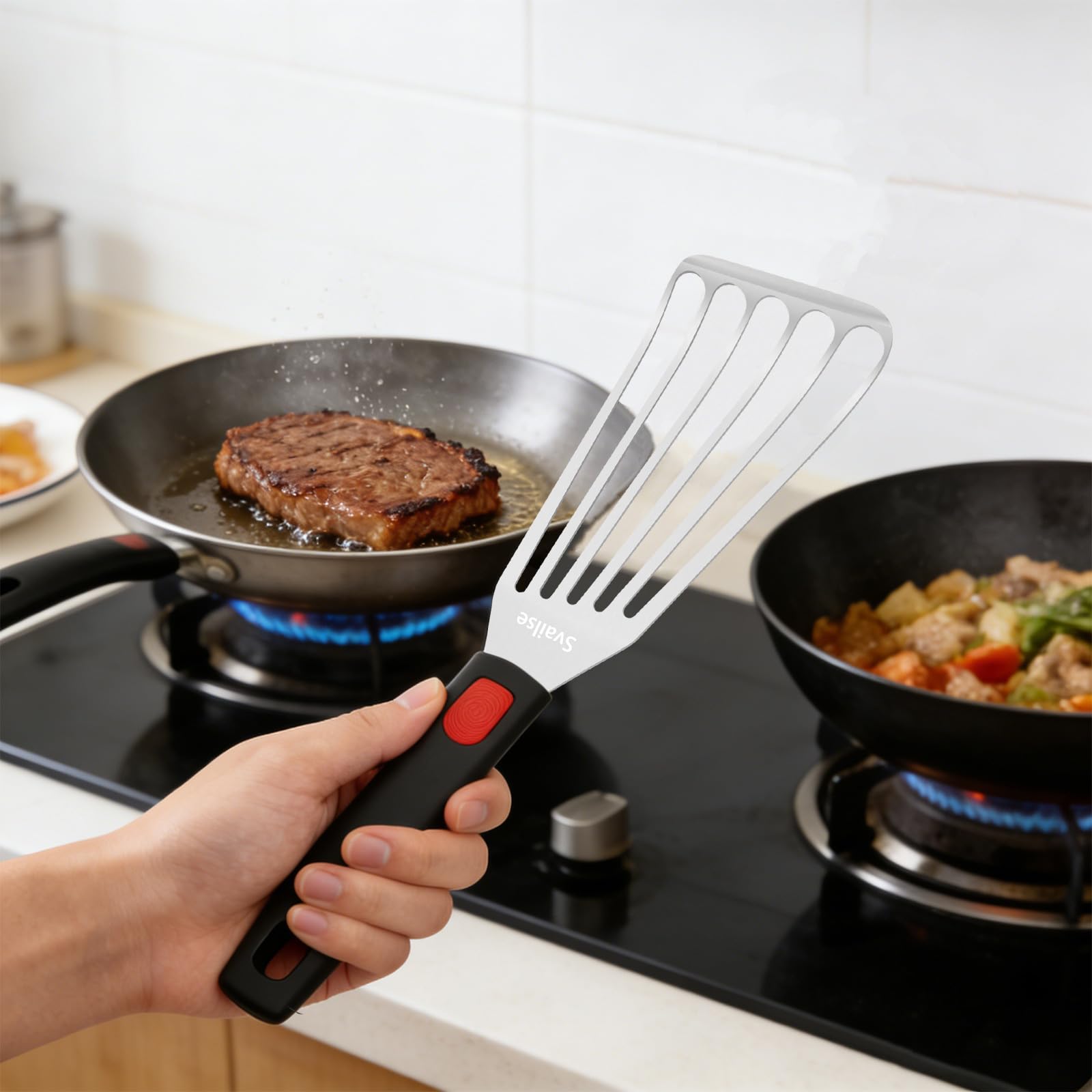 Fish Spatula Stainless Steel, Flexible Metal Spatulas with Silicone Handle, Slotted Turner for Kitchen, Cooking, Grilling, Flipping, Turning, Egg, Pancake and Burger (Small, 10.3 Inch)