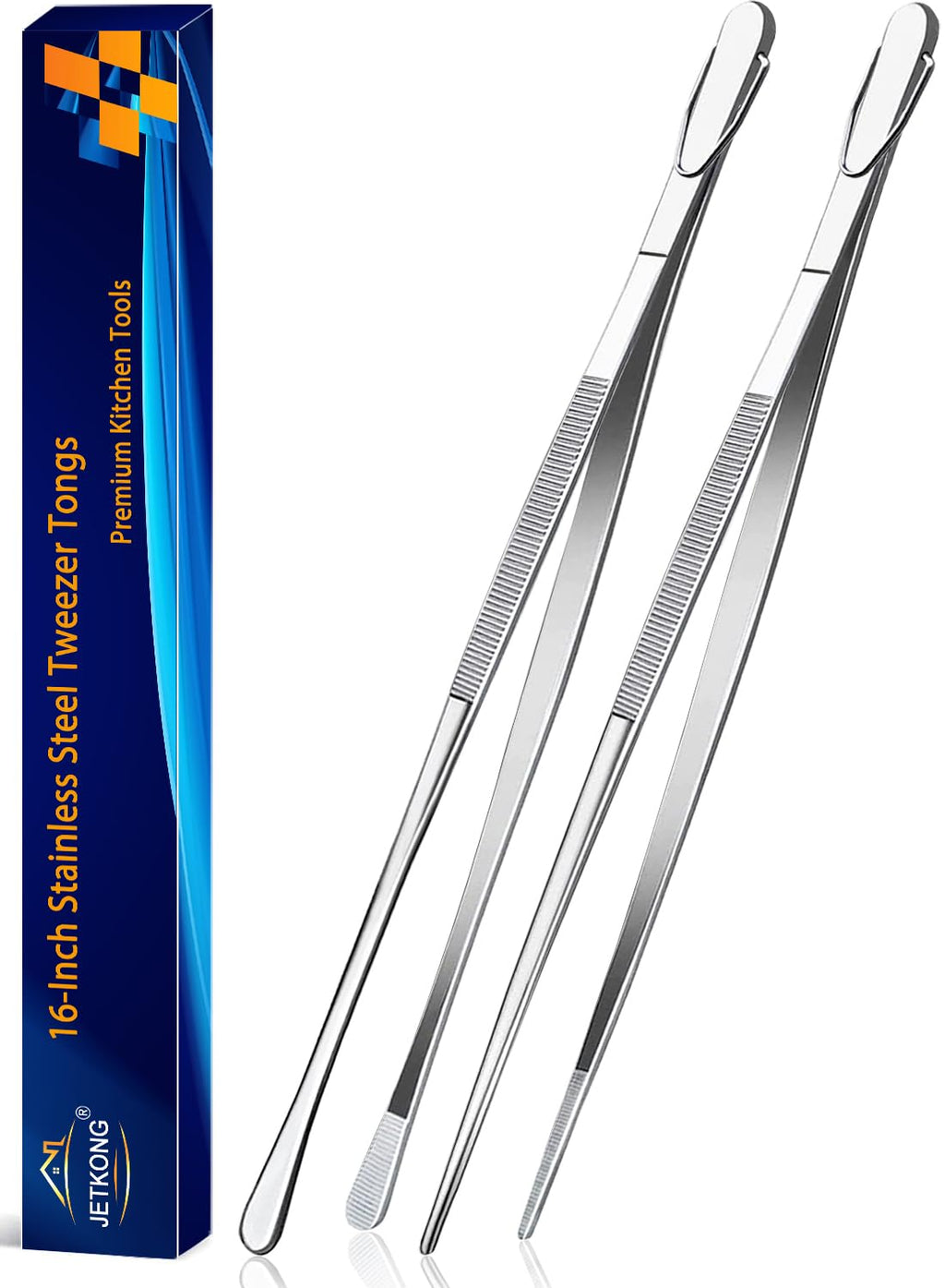 JETKONG 2 Pcs 12-Inch Cooking Tweezer Tongs Stainless Steel Kitchen Tweezers Plating Tongs (Navy Blue)
