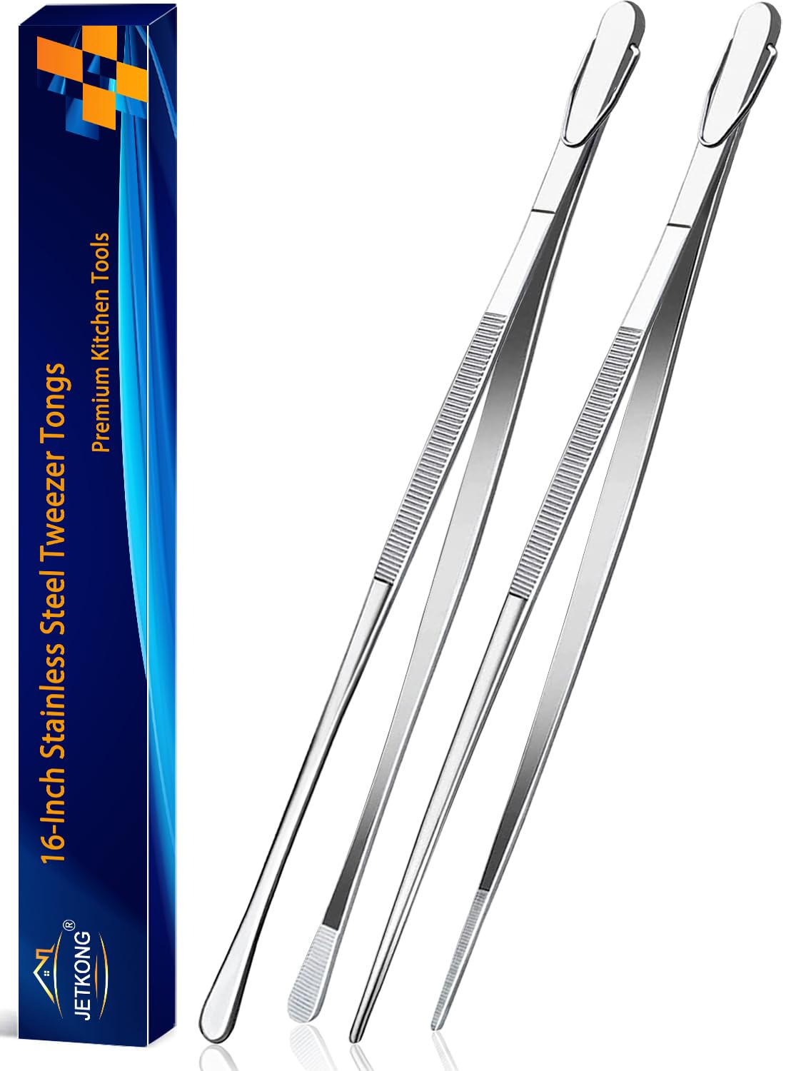 JETKONG 2 Pcs 12-Inch Cooking Tweezer Tongs Stainless Steel Kitchen Tweezers Plating Tongs (Navy Blue)