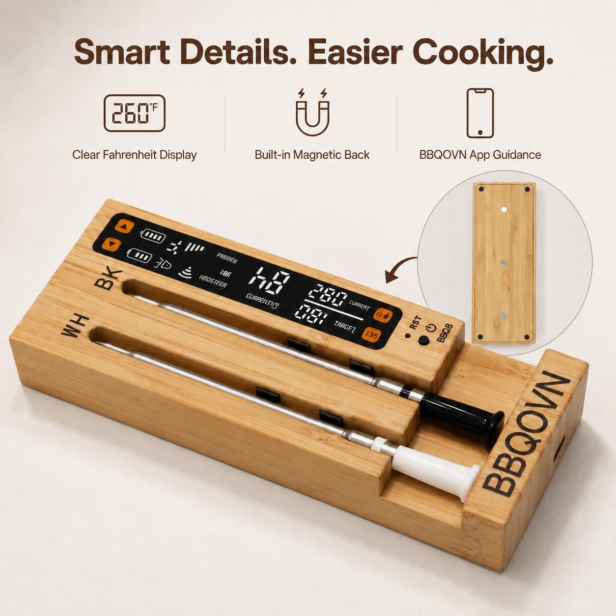 BBQOVN WiFi Sub-1G Wireless Meat Thermometer Unlimited Range 7 NIST Certified Sensors with Ambient Temp 2 Temp Monitoring Ways Digital Smart Base and App for BBQ, Smoker, Grill, Oven (Dual Probes)