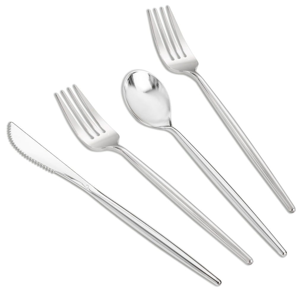 SUT 300PCS Silver Cutlery Set, Heavy Duty Disposable Utensils Include 100 Forks, 100 Spoons and 100 Knives, Premium Flatware for Party, Wedding, Birthday and Catering Events