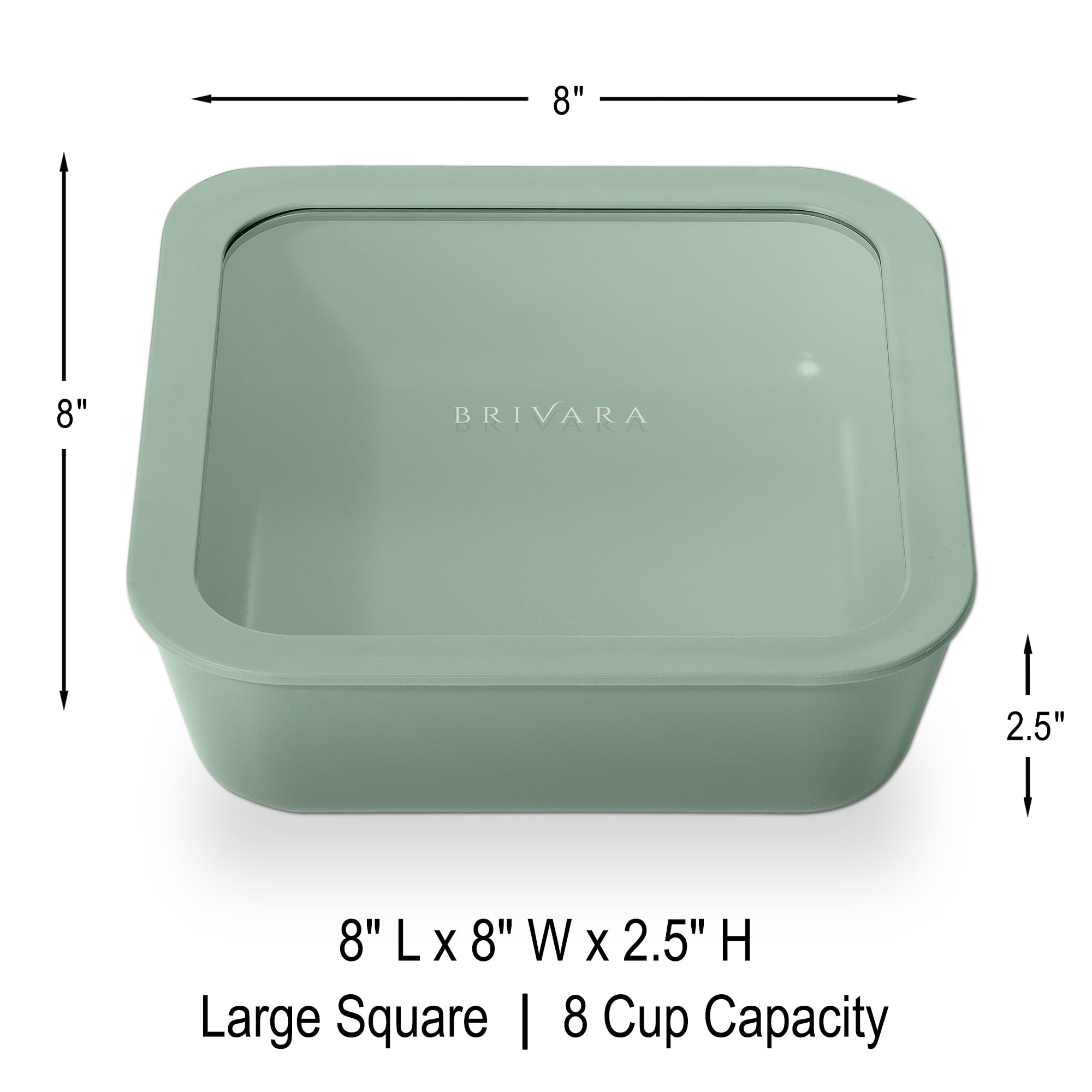 BRIVARA HOME Glass Food Storage Container with Lid, 8-Cup Large Square | Microwave-Safe Airtight Lid, Oven-Safe Ceramic-Coated Glass | Zero Plastic, No PFAS/PFOA/BPA, Reusable [Willow]