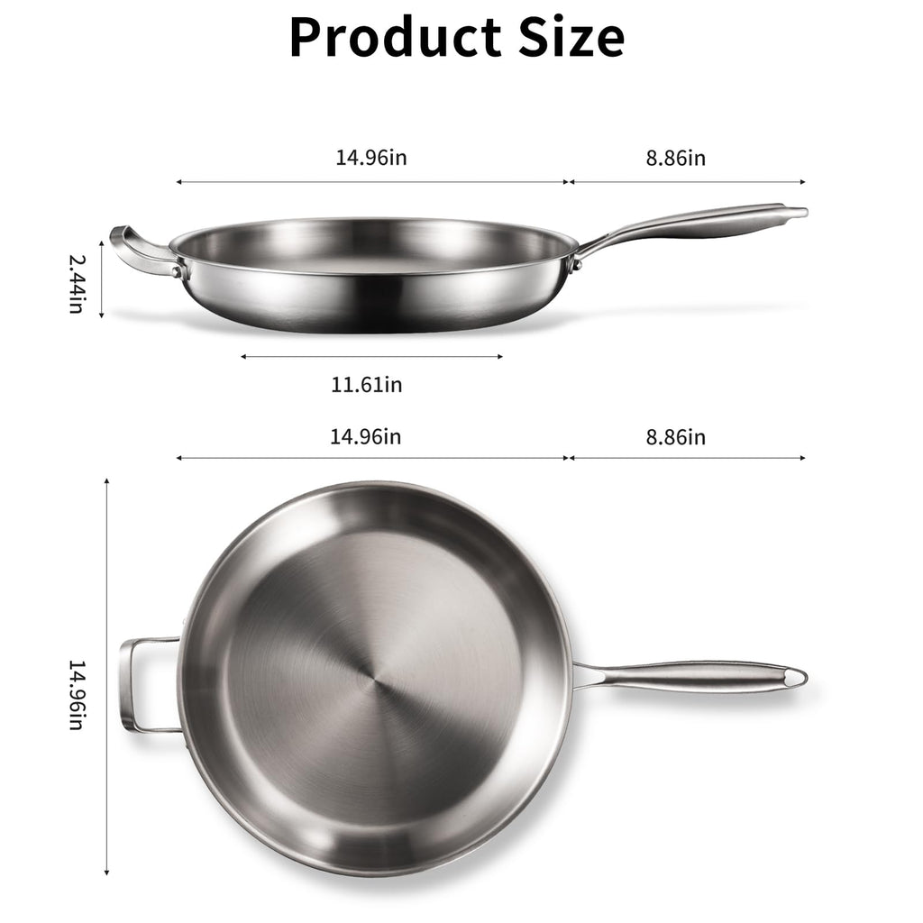 DELARLO 14" Stainless Steel Pan, 18/10 Frying Pan, Oven Safe Up to 600°F, Nontoxic Cookware, Compatible with All Cooktops Skillet, Durable, Fast Even Heat Fry Pan, Large 14.2 Inch Frying Pan