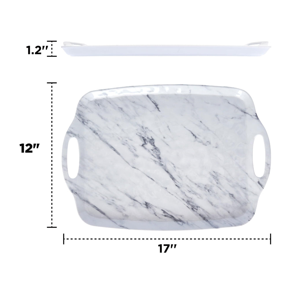 TP Melamine Serving Trays with Handles, 17” x 12”, Set of 2, White Marble