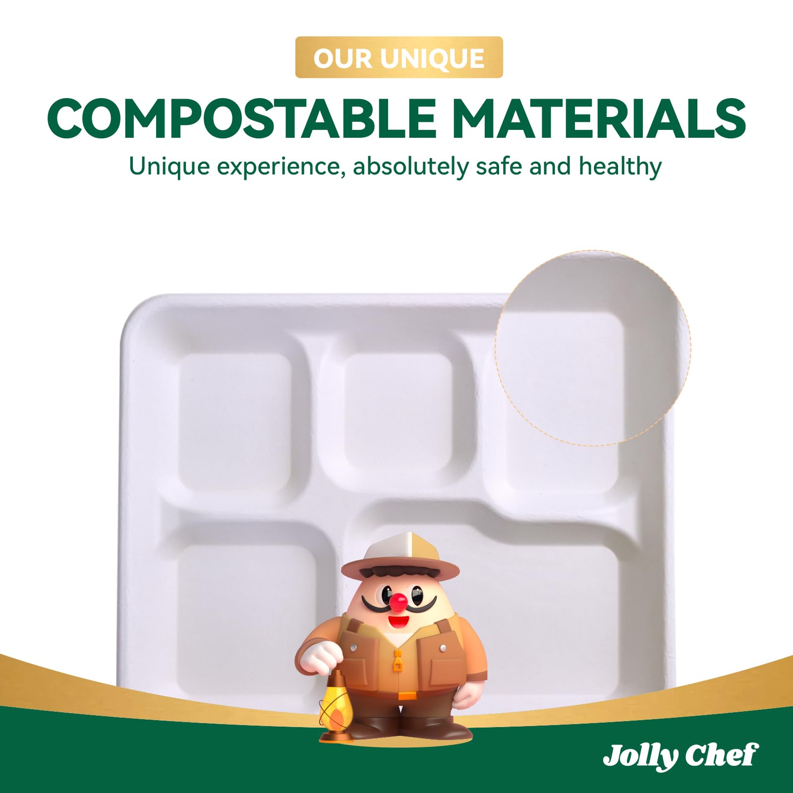 JOLLY CHEF Compostable 𝟱 Compartment Paper Plates 10*8.25*1 𝗶𝗻𝗰𝗵 [𝟭𝟮𝟱 𝗣𝗮𝗰𝗸] Small Heavy Duty Divided Disposable White Eco-Friendly Biodegradable Food Tray for School Lunch Dinner Christmas