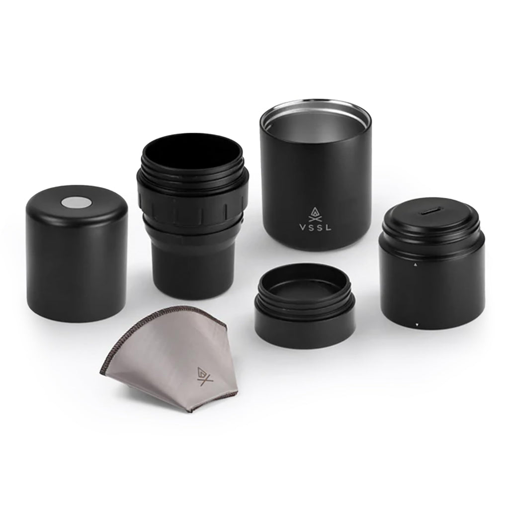 VSSL - Nest Pour Over Coffee Kit | Coffee Maker for Camping | All-In-One Travel Pour Over | Transportable Dripper, Two 10oz Stainless Steel Travel Mugs | Compact Storage & Adventure Ready | Black