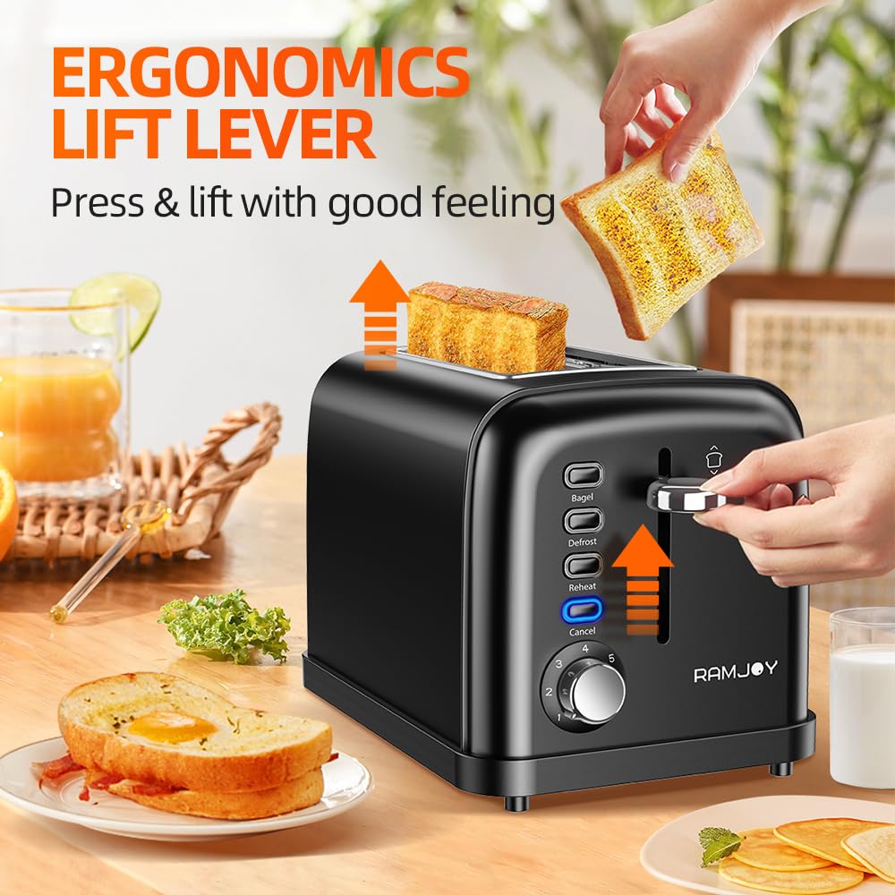 RAMJOY Black Toaster 2 Slice, Extra Wide Slot Toaster for Bagels, Bread, Waffles, 7 Shade Settings, 4 Main Functions, Removable Crumb Tray, 900 Watts Toasters, Black Stainless Steel