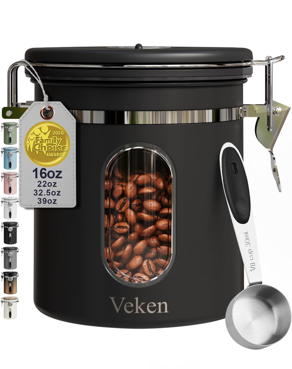 Veken Coffee Canister with Window,Airtight Stainless Steel Compact Jar,16OZ