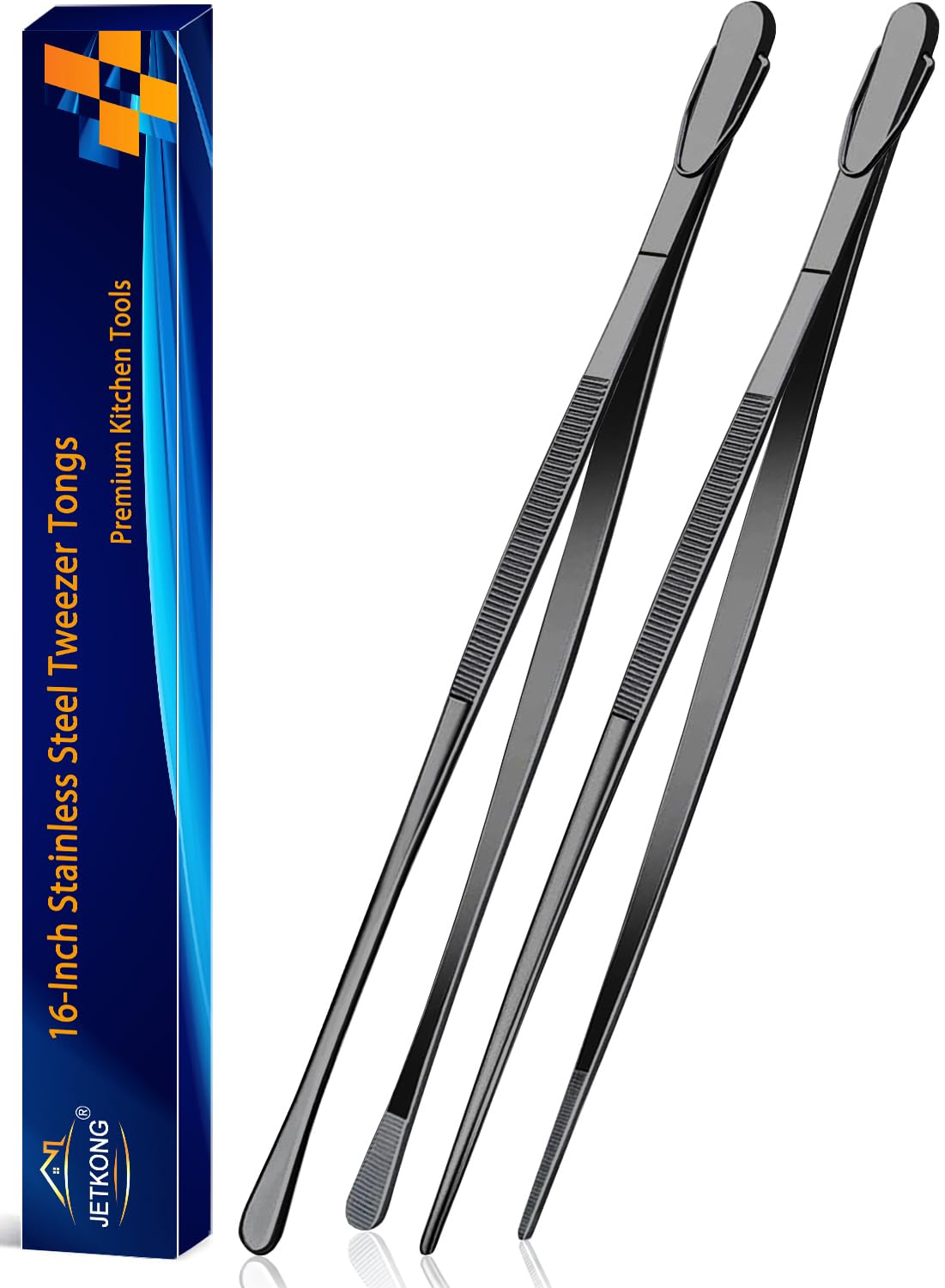 JETKONG 2 Pcs 12-Inch Cooking Tweezer Tongs Stainless Steel Kitchen Tweezers Plating Tongs (Navy Blue)