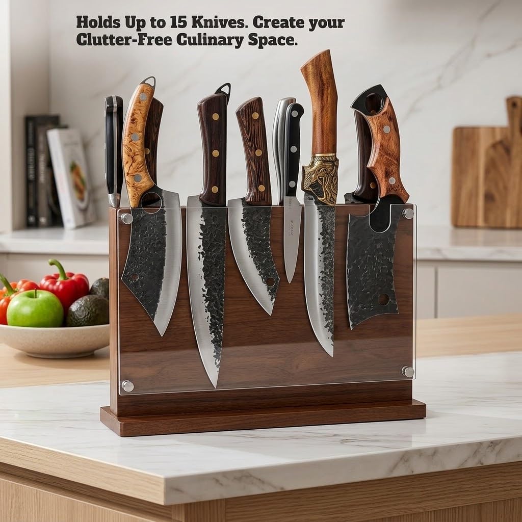 Magnetic Knife Block with Builtin Sharpener, Double Sided Magnet and Acrylic safety shield on both side for Kitchen Counter, Extra Large size 14'x10',Wood Magnetic Knife Holder,stand. Board.