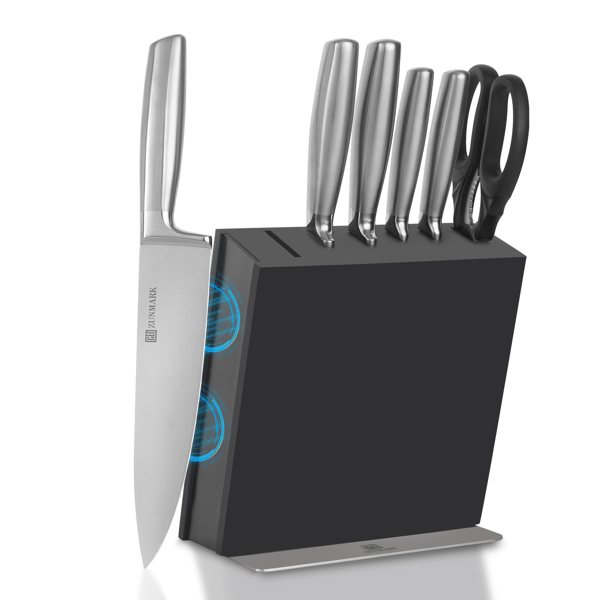 ZUNMARK Magnetic Knife Block Set, 7pcs Ultra Sharp Knife Set with Shears, Space-Saving Design for Home and Professional Kitchens, Silver