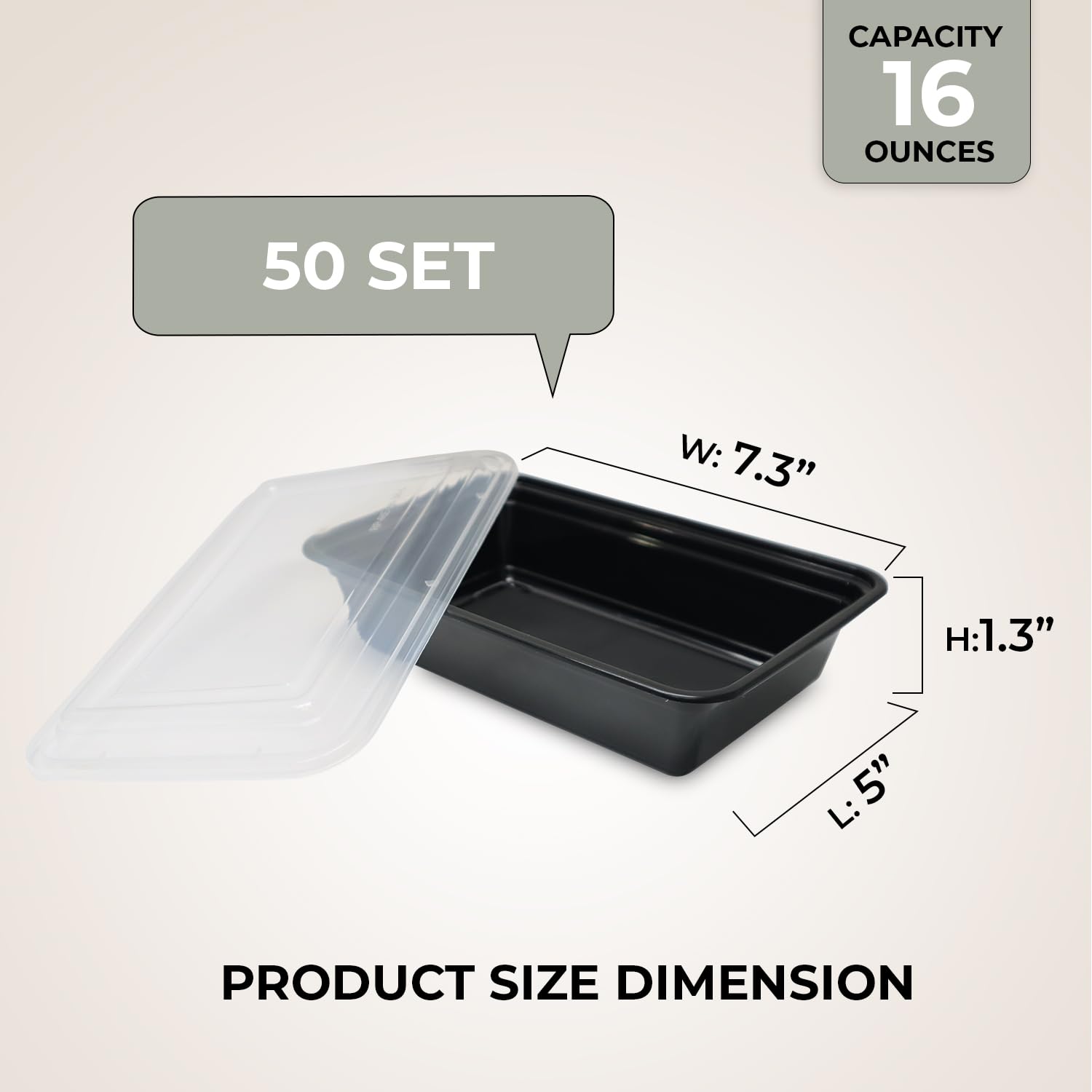 Klex 16 Oz, 50 Sets Meal Prep Containers with Airtight Lids, BPA Free, Reusable Plastic Food Container, 16 oz, Rectangular, Black/Clear, 50 Sets