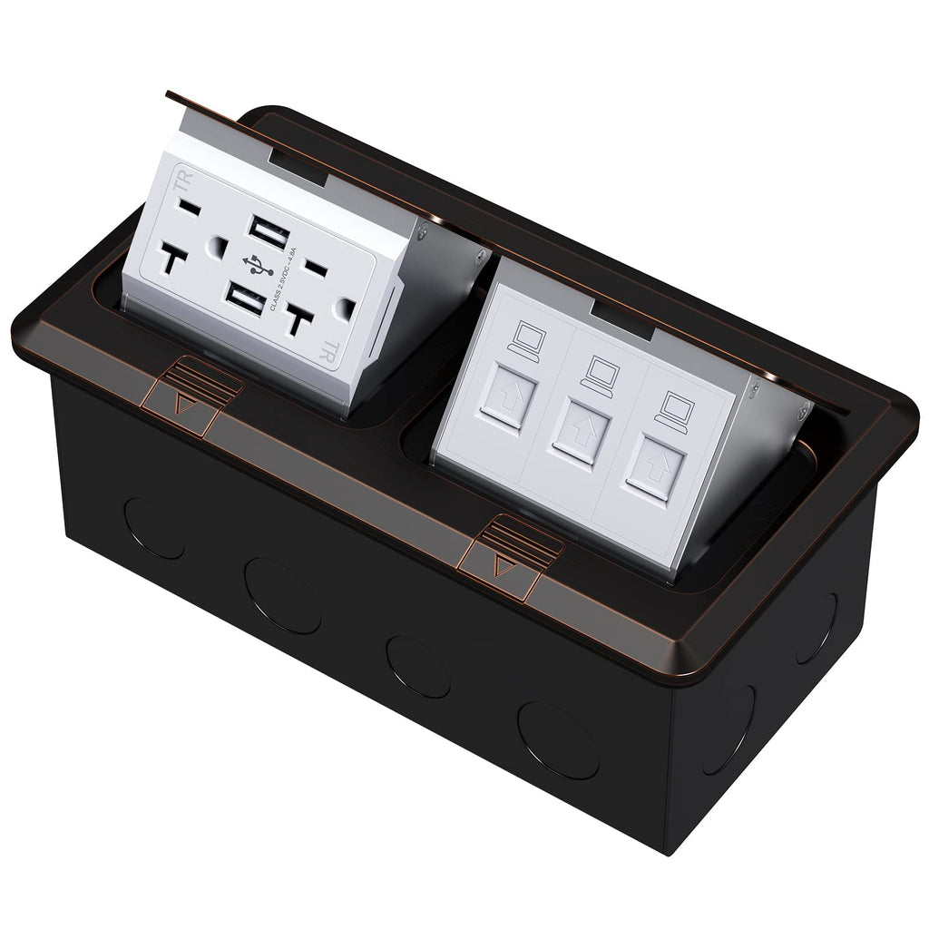KYHSHJ Dual Pop-Up Floor Electrical Outlet Box Kit，20 Amp Stainless Steel GFCI TR Receptacle Outlet，3-Port RJ45 Datacom Receptacle， Black