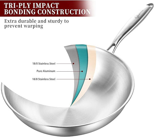 13-Inch Tri-Ply Stainless Steel Wok Pan with Lid | Detachable handle