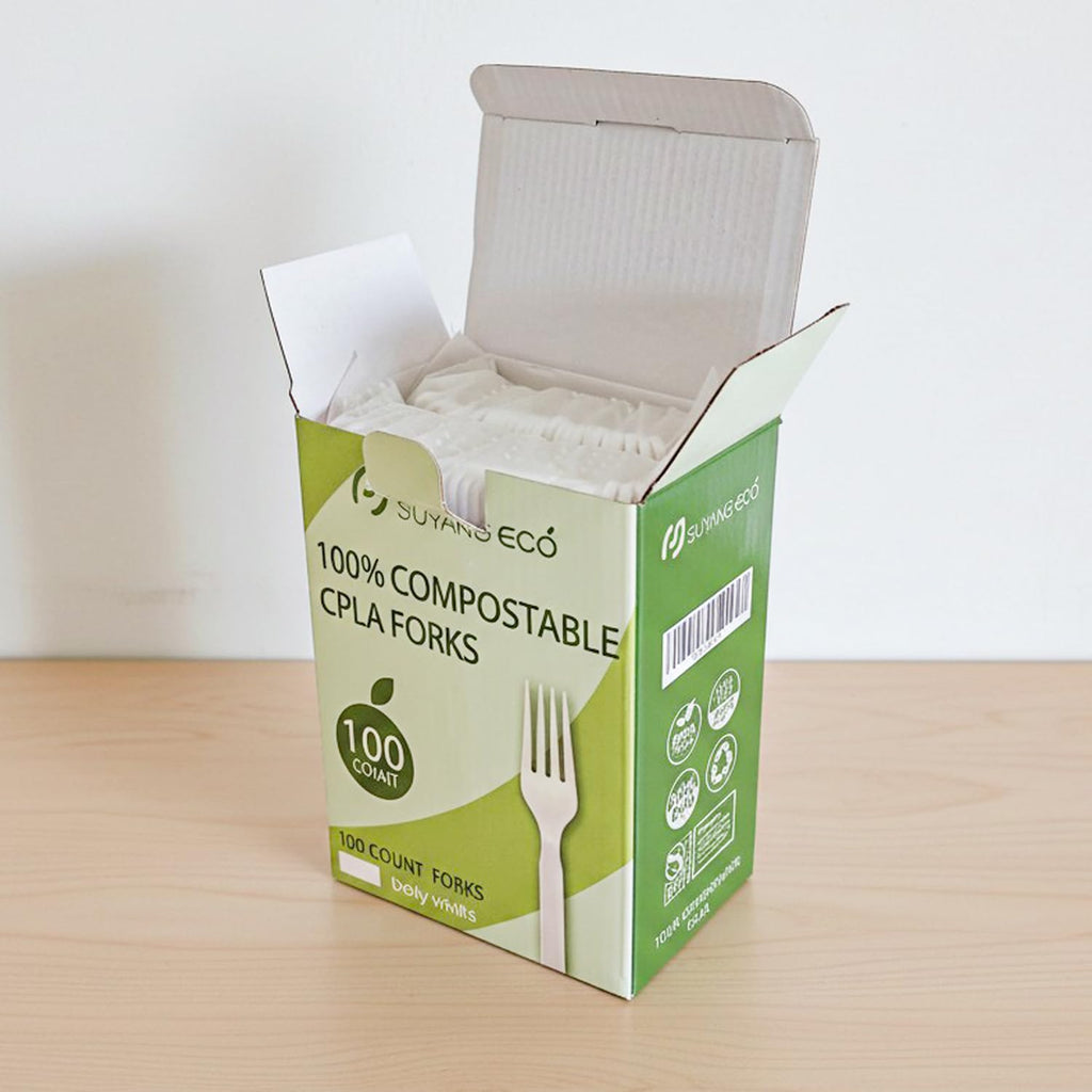 SUYANGECO Compostable Disposable Forks 100 Count Compostable Forks Bulk No Plastic Forks Heavy Duty Biodegradable Forks Eco Friendly for Lounge Party Wedding Picnic Camping