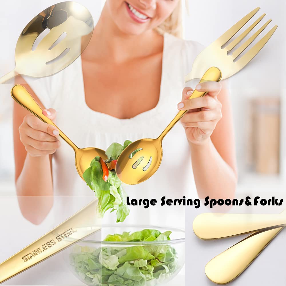IAXSEE 12 PCS Stainless Steel Serving Utensils, Large Spoons Slotted Spoons Forks Tongs, Ice Suger Tongs, Pie Server, Butter Knife, Coffee Spoons, Great for Buffet Catering Banquet Party, Gold
