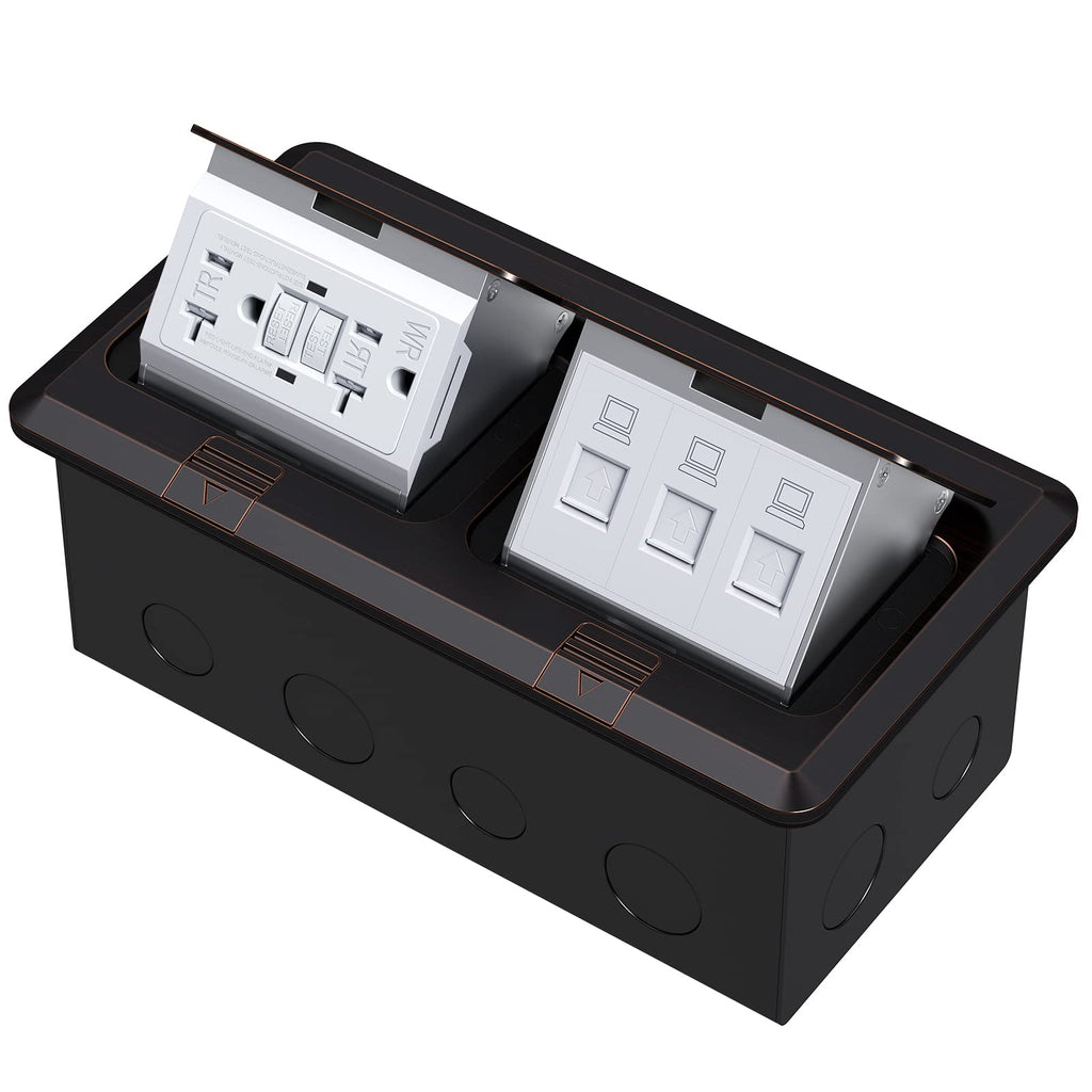 KYHSHJ Dual Pop-Up Floor Electrical Outlet Box Kit，20 Amp Stainless Steel GFCI TR Receptacle Outlet，3-Port RJ45 Datacom Receptacle， Black
