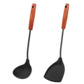 FJNATINH Silicone Wok Spatula and Ladle Tool Set,Non Stick Heat-Resistant Stainless Steel Cooking Utensils BPA Free Kitchen Utensils Cookware, Pack of 2,Black