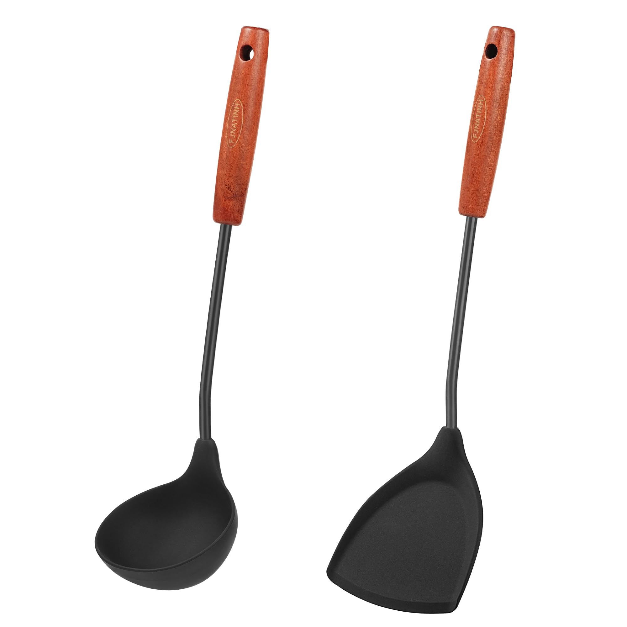 FJNATINH Silicone Wok Spatula and Ladle Tool Set,Non Stick Heat-Resistant Stainless Steel Cooking Utensils BPA Free Kitchen Utensils Cookware, Pack of 2,Black