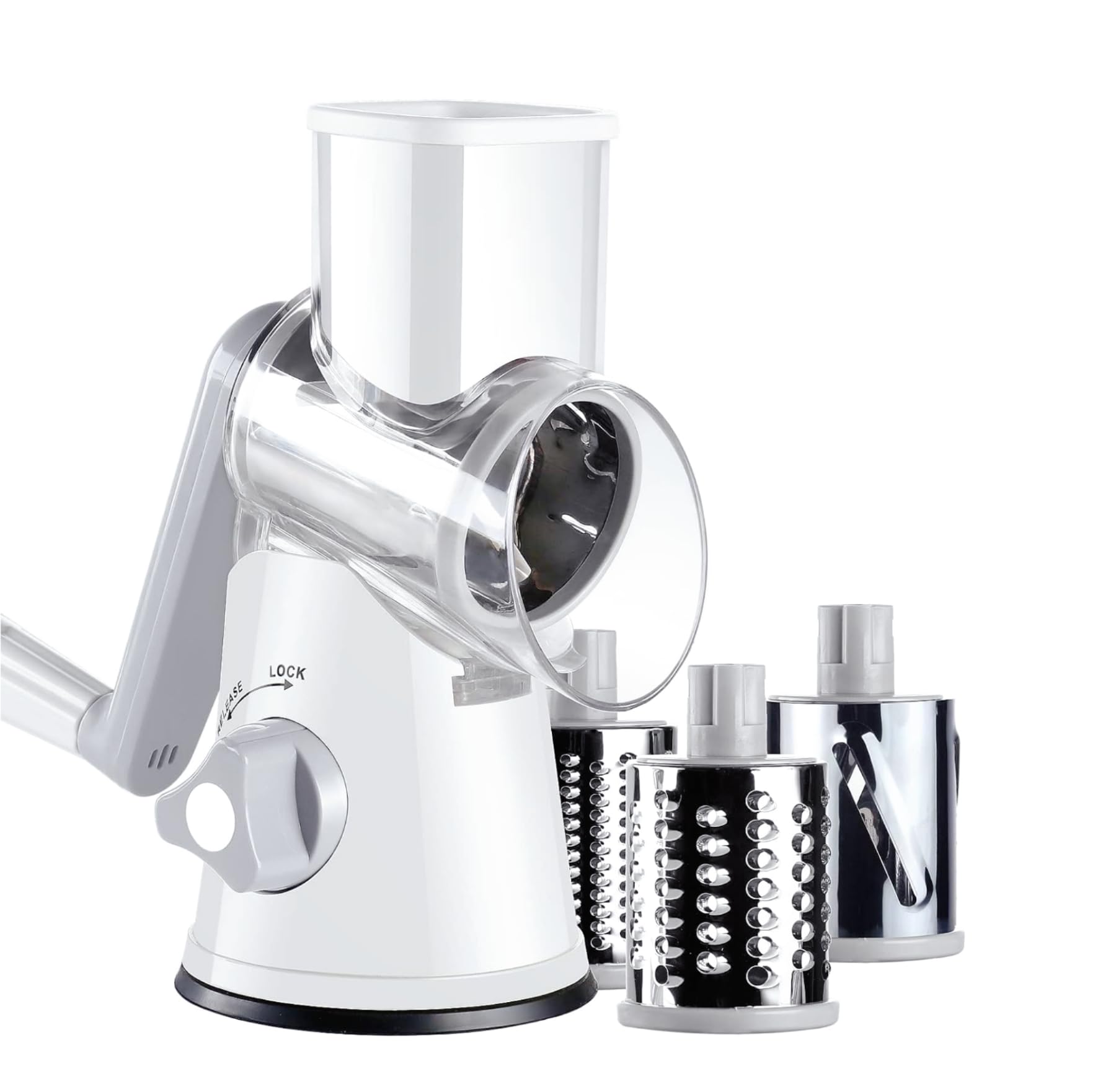 Rotary Cheese Grater Hand Crank, Grater For Kitchen With Reinforced Suction - Rotary Cheese Grater With 3 Replaceable Stainless Steel Blades - Easy to Use & Clean - Vegetable Cutter (White)
