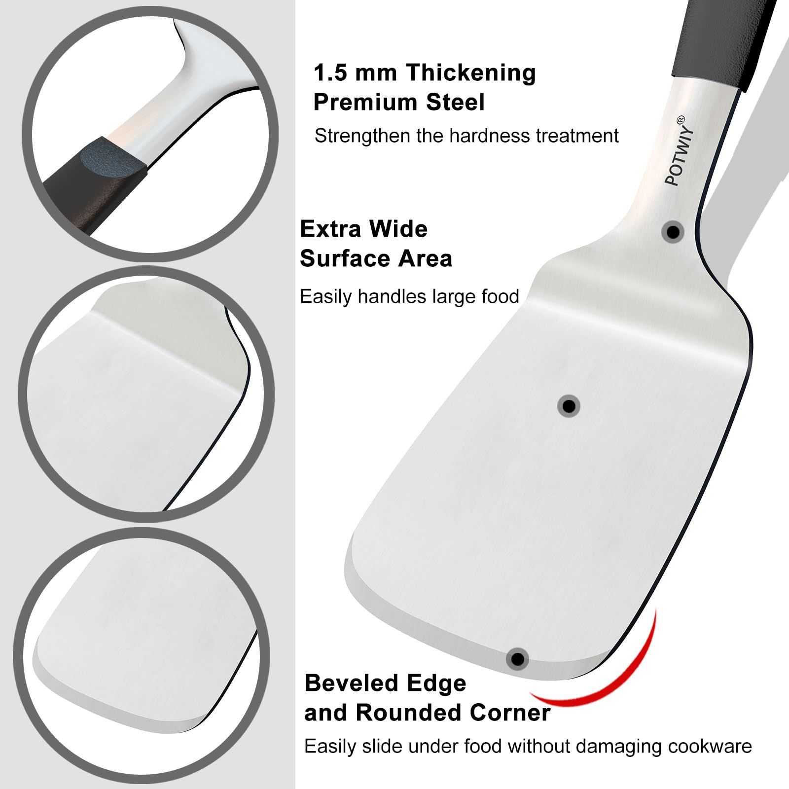 POTWIY Stainless Steel Spatula, Large Metal Spatula for Kitchen and Grilling, Heavy Duty Turner for Cast Iron Skillet with Silicone Handle, Cooking and Flipping Steak, Pancake, Burger, 4.6 x 3.7 In