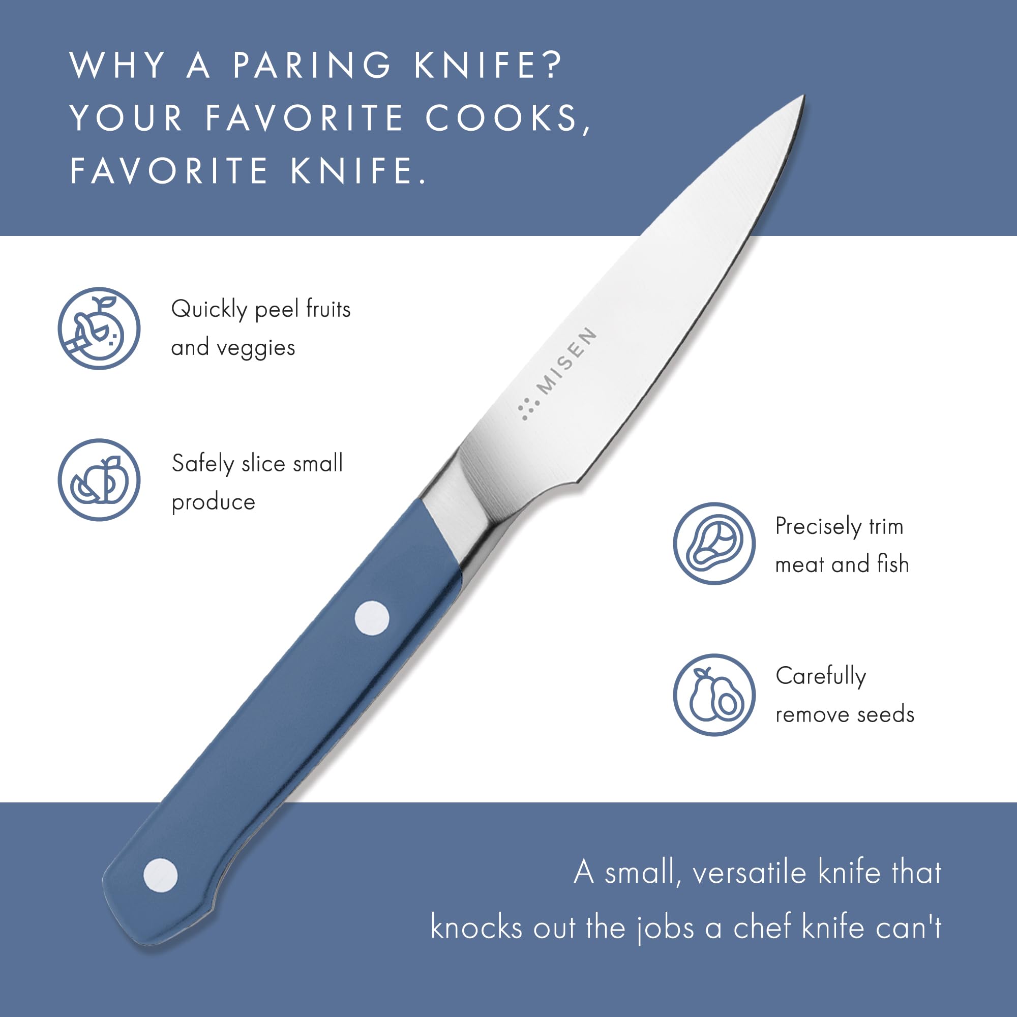 Misen Paring Knife – Precision Kitchen Knife with High-Carbon Stainless Steel Blade – Ergonomic Handle for Peeling, Trimming, and Slicing – Lightweight, Versatile Tool for All Culinary Tasks - Blue
