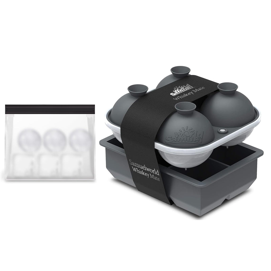 Samuelworld Silicone Premium Ice Trays, 2 Inches Extra Large Cubes & 2.5 Inches Sphere Ice Molds - BPA Free, Craft Ice Maker for Gifting, Easy Release - Grey(With Ice Bag)