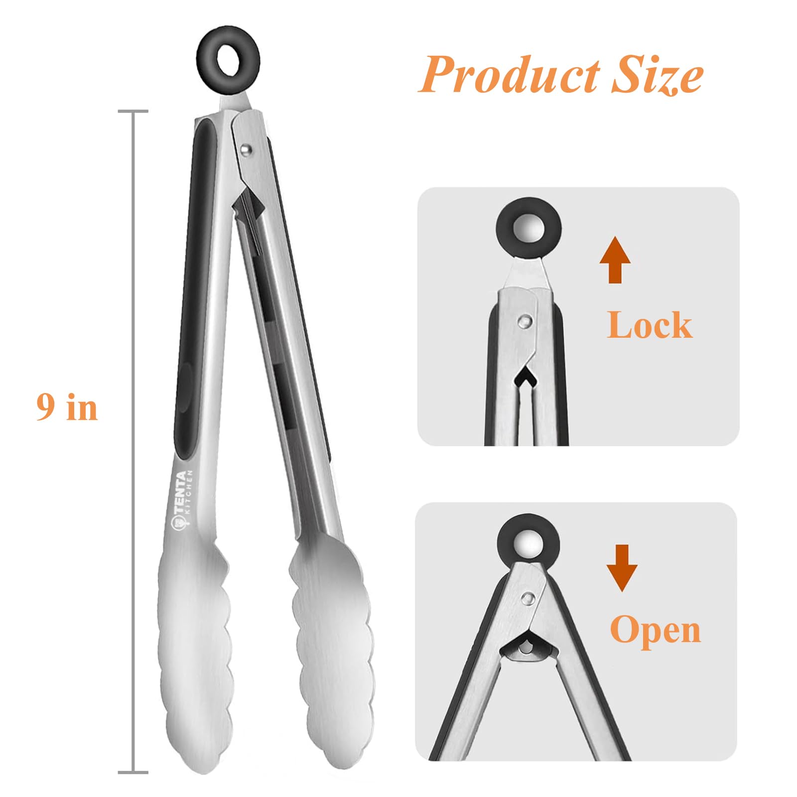 Tongs for Cooking, 9-Inch Stainless Steel Kitchen Tongs, Locking Metal Food Tongs with Silicone Non-Slip Grip, Kitchen Utensils for Food, Salad and Outdoor BBQ (Set of 4)