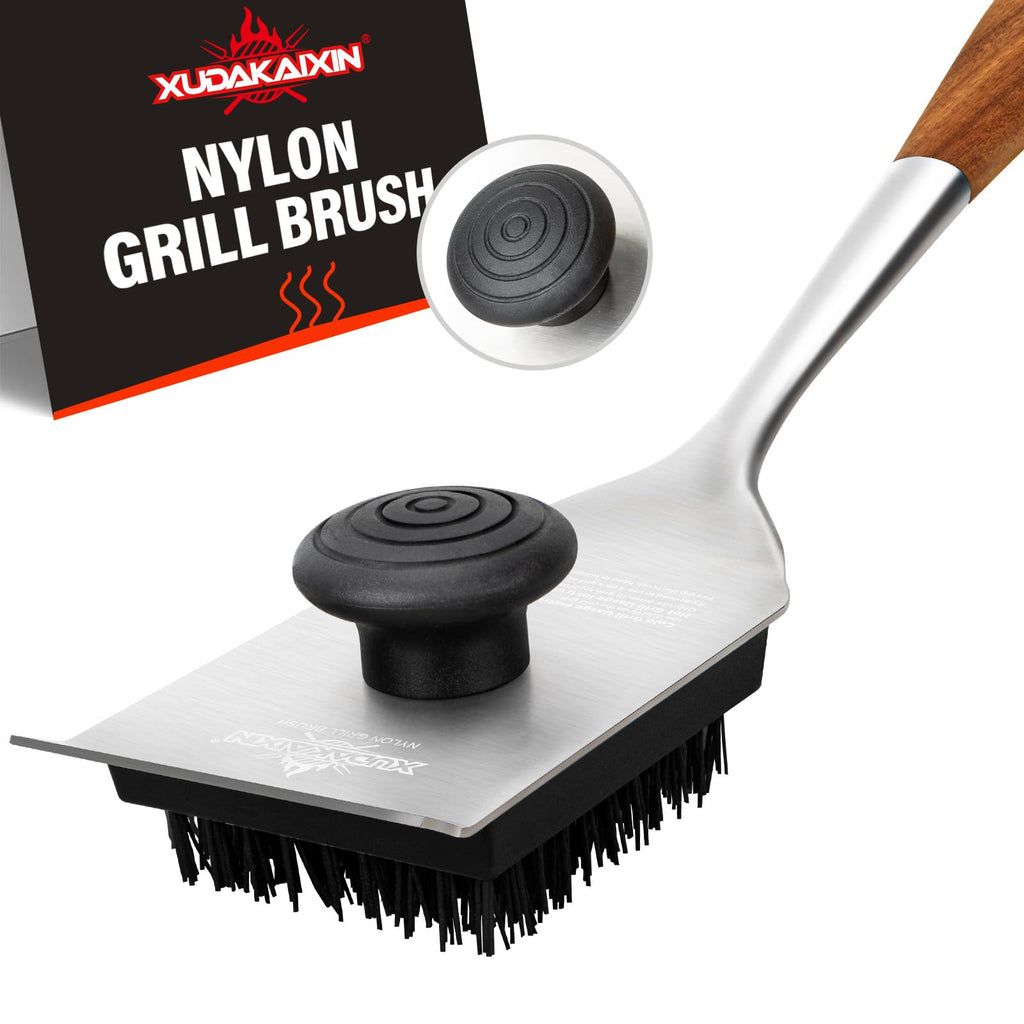 XUDAKAIXIN Grill Brush and Scraper, Dual Grip Design,Extra Strong BBQ Cleaner Accessories,Safe Nylon Bristles Barbecue Triple Scrubbers Cleaning Brush for Cast Iron Grates/Porcelain/Charcoal Grill