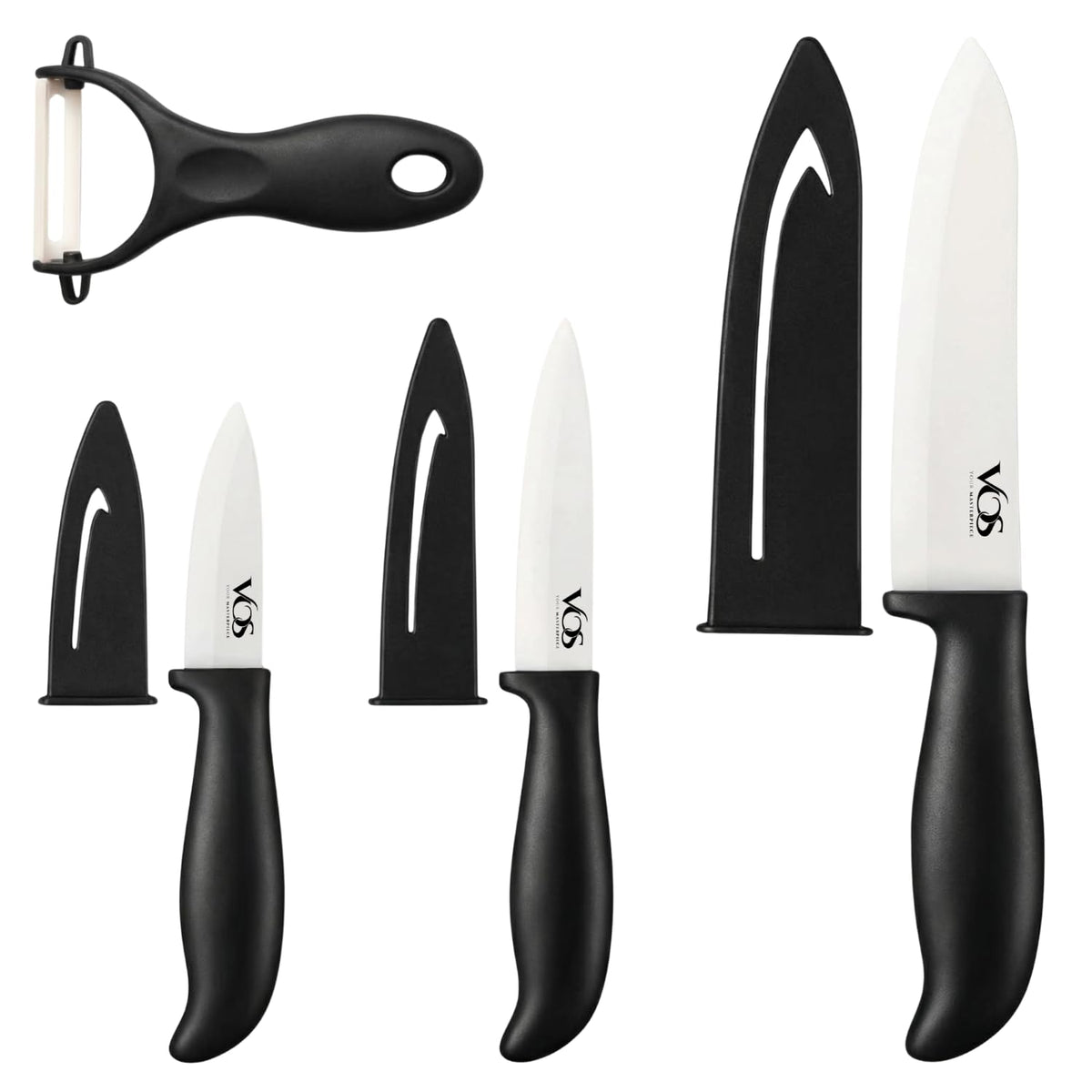 Vos Ceramic Knife Set in Elegant Gift Box, Ceramic Knives Set For Kitchen, Ultra Sharp Kitchen Knife Set with Covers, 4" 5" 6" Paring, Santoku & Chef Knife, Lightweight, Dishwasher safe (Black Handle)